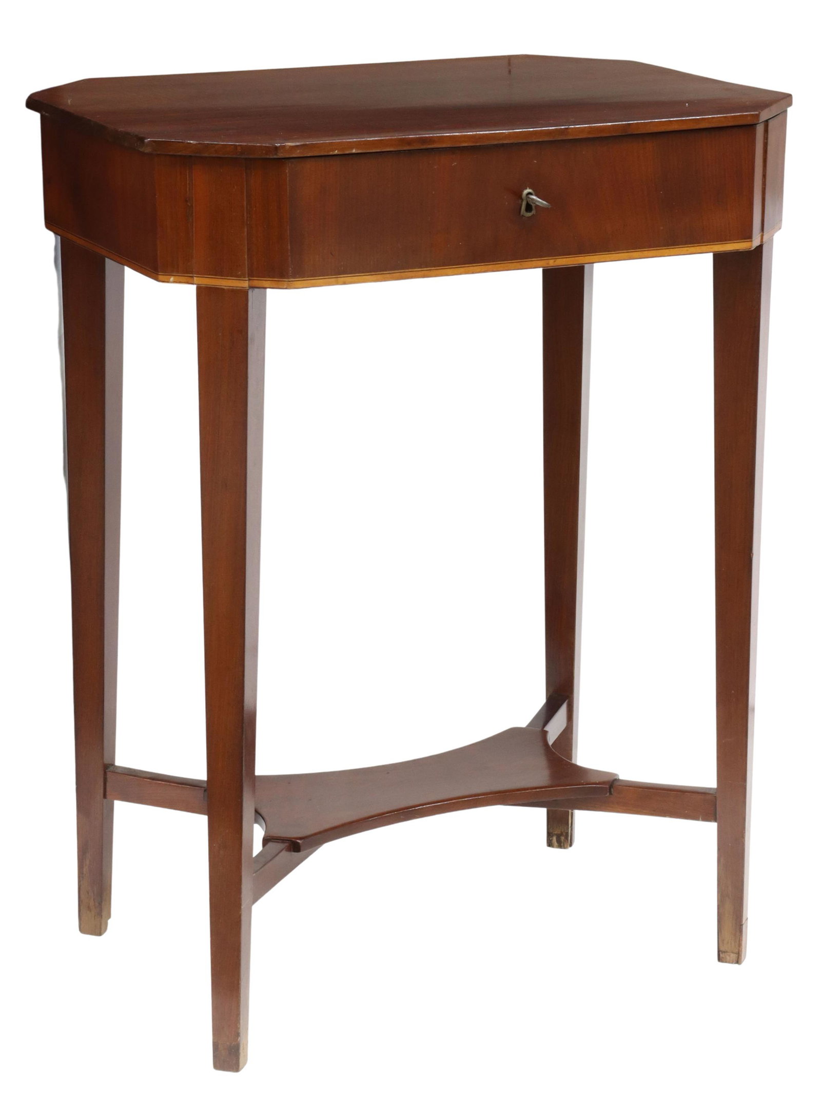 CONTINENTAL MAHOGANY FITTED SEWING STAND TABLE: Continental mahogany sewing table, 19th c., hinged top opening to sectioned interior, apron with contrasting string inlay, rising on tapered square legs, joined by cross stretcher, lacking fabric bask