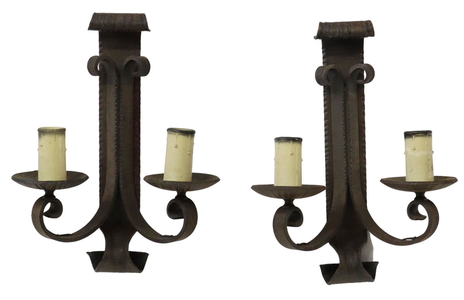 2) FRENCH GOTHIC REVIVAL WROUGHT IRON 2-LT SCONCES: (pair) French Gothic Revival wrought iron two-light wall sconces, 19th c., having textured wall plate, supporting volute scroll arms, ending in large bobeches and faux candles, in need of wiring, appr