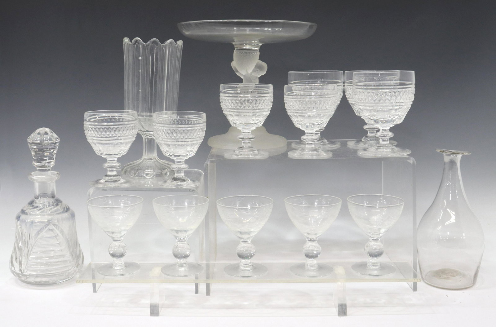 (16) AMERICAN GLASS TABLEWARE, 19TH C.: (lot of 16) American glass tableware, colorless blown, cut, press, and etched glassware, various makers and styles, 19th c., comprising: (1) 'Rustic Bowl' compote dish by Gillinder and Sons, having fi