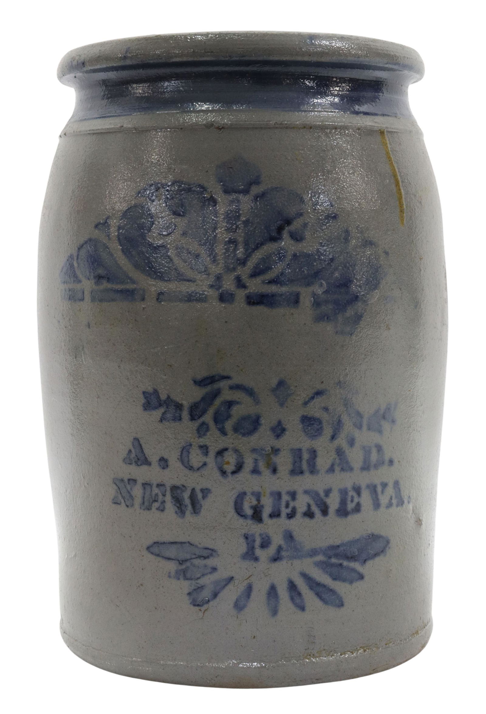 ALEXANDER CONRAD NEW GENEVA, PA STONEWARE CROCK: American salt glazed stoneware crock, signed A. Conrad (Alexander Conrad Pottery Company, fl.1870-1882), New Geneva, Pennsylvania, with stenciled cobalt decoration, intact with small hairline to foot,