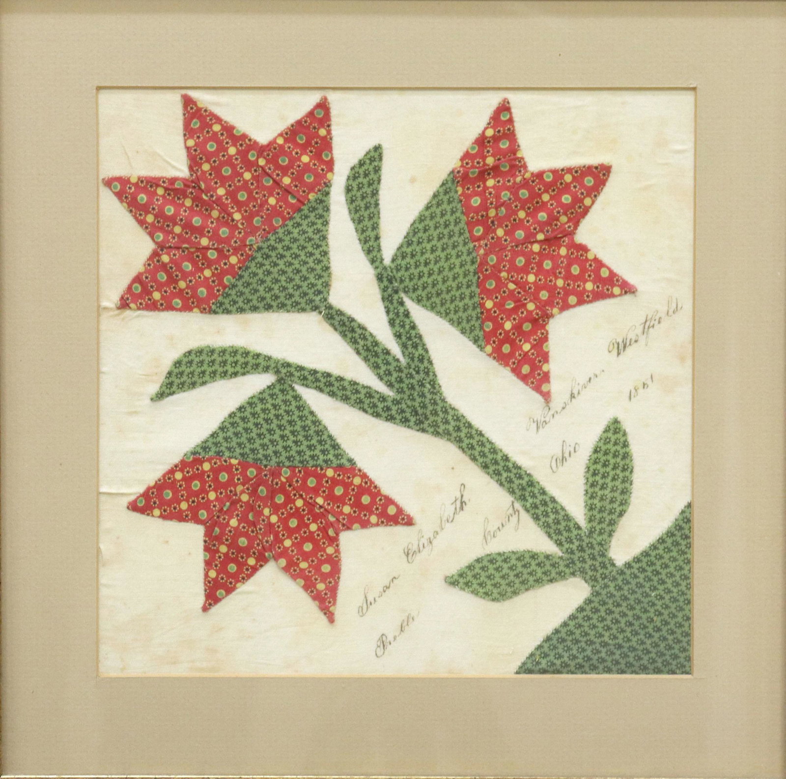VANSKIVER PREBLE COUNTY OHIO QUILT BLOCK, 1851: Framed quilt block, traditional design with three flowers, printed cotton segments appliqued to a white cotton ground, inscribed Susan Elizabeth Vanskiver (1836-1892), Westfield, Preble County, Ohio, 