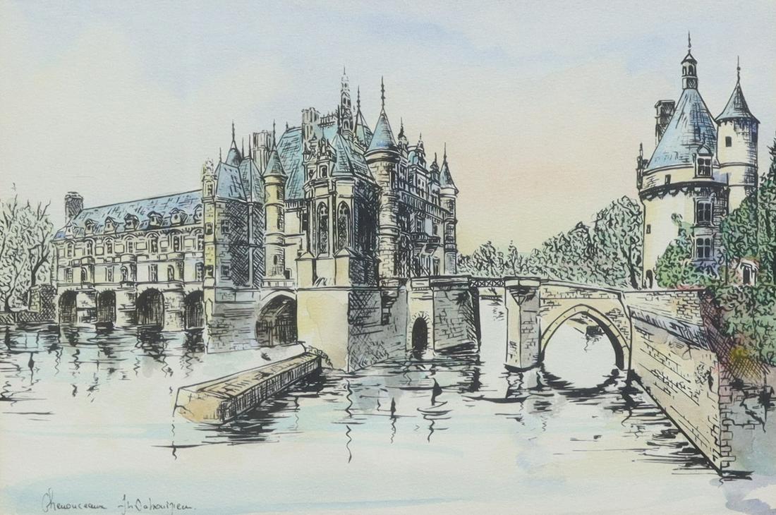 FRENCH CHATEAU DE CHENONCEAU HAND-COLORED PRINT: Framed hand-colored print on paper, Chenonceaux, titled and signed in print lower left, sight: approx 8"h, 11.75"w, overall: approx 14.5"h, 17.75"w, 2.75lbs Start Price: $50.00