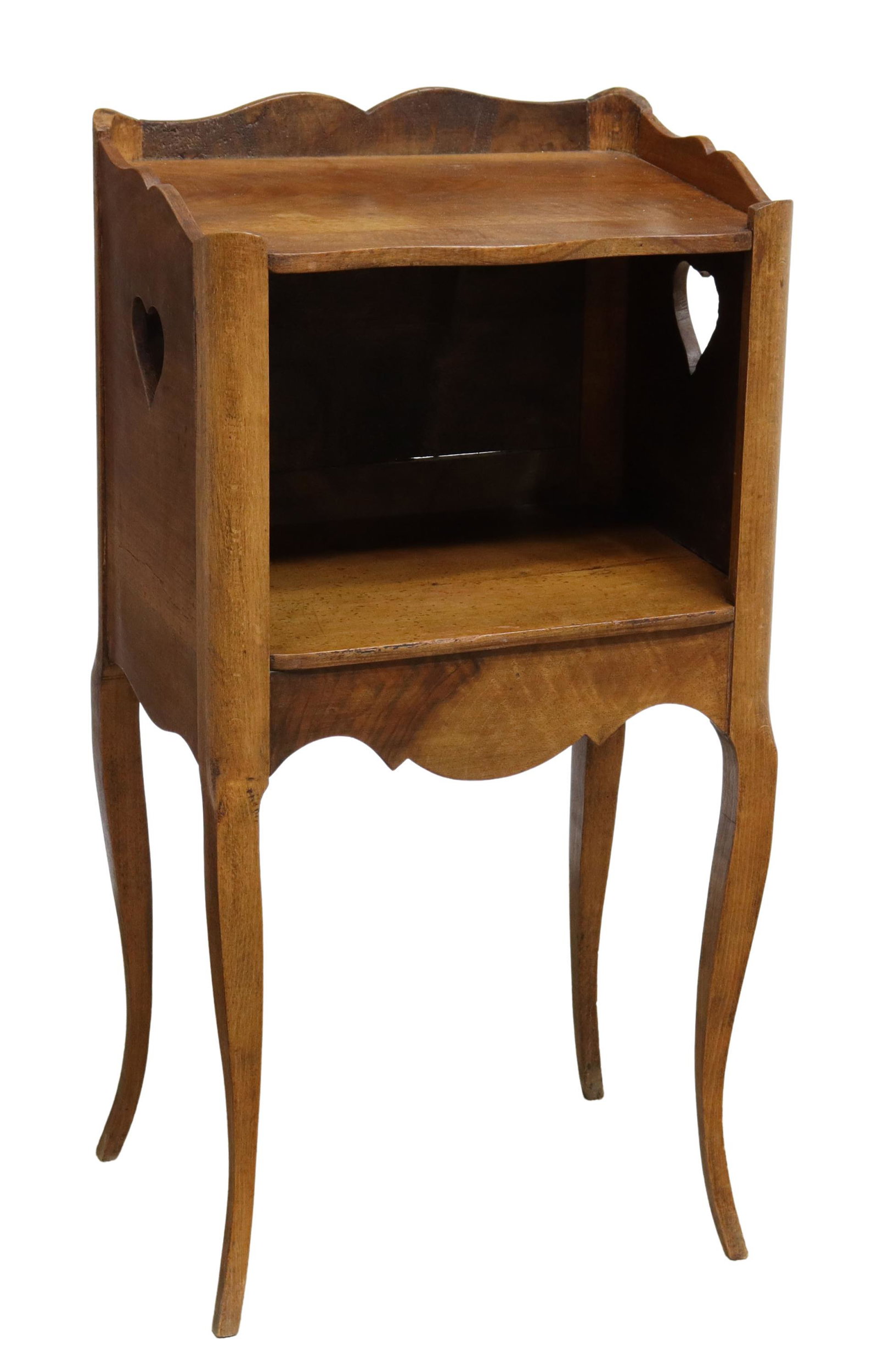 FRENCH PROVINCIAL LOUIS XV STYLE WALNUT NIGHTSTAND: French Provincial Louis XV style walnut nightstand, early 20th c., haivng raised gallery over shaped top, case fitted with open niche, single side drawer, scalloped apron, rising on cabriole legs, app