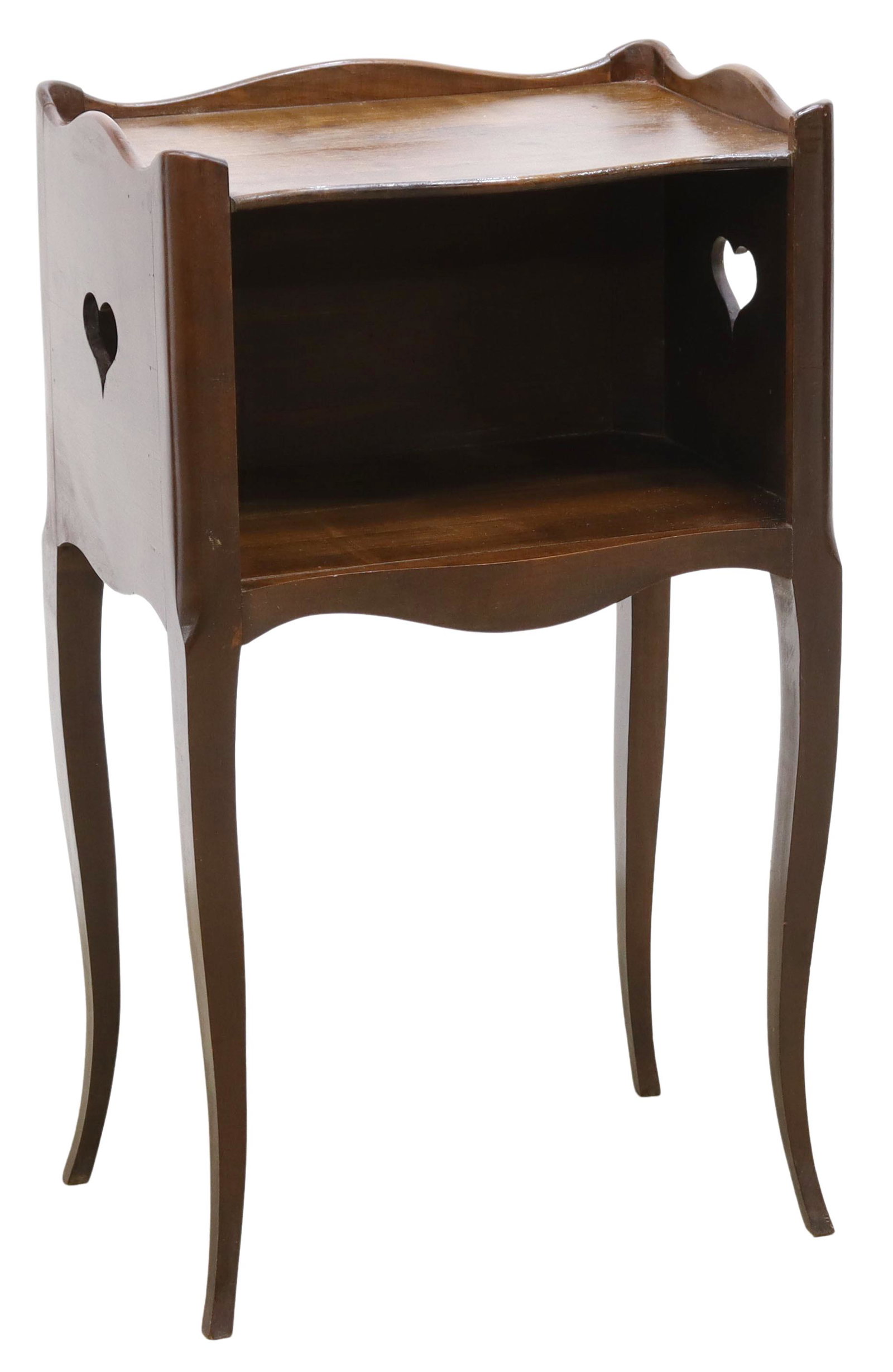 FRENCH PROVINCIAL LOUIS XV STYLE WALNUT NIGHTSTAND: French Provincial Louis XV style walnut nightstand, early 20th c., having raised gallery over shaped top, fitted with open niche, heart motifs to either side, rising on cabriole legs, approx 28.5"h, 1