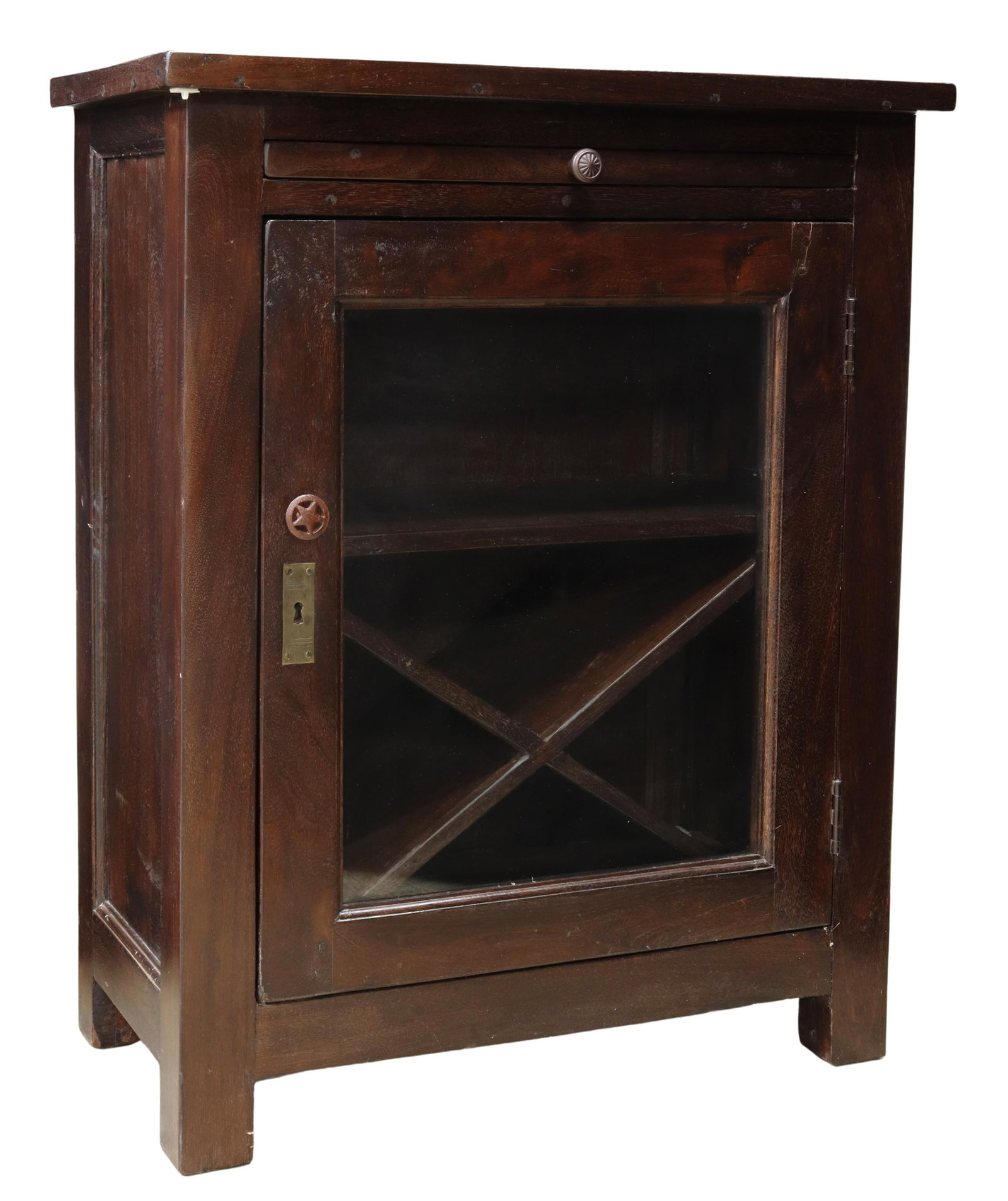 DECORATIVE HARDWOOD GLAZED DOOR WINE CABINET: Decorative wine cabinet, late 20th c., hardwood case in a dark finish, inset glass top over pull-out work surface, single glazed door opening to shelf and x-form bottle storage, rising on bracket feet