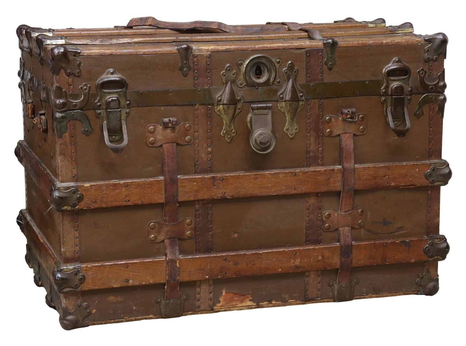 AUSTIN TRUNK FACTORY TRAVEL STEAMER TRUNK: Travel steamer trunk, Robert Mueller & Brother, Austin Trunk Factory, c.1910, canvas exterior bound in oak and leather straps, two front latches and lock, flat hinged lid opening to fabric-lined inter