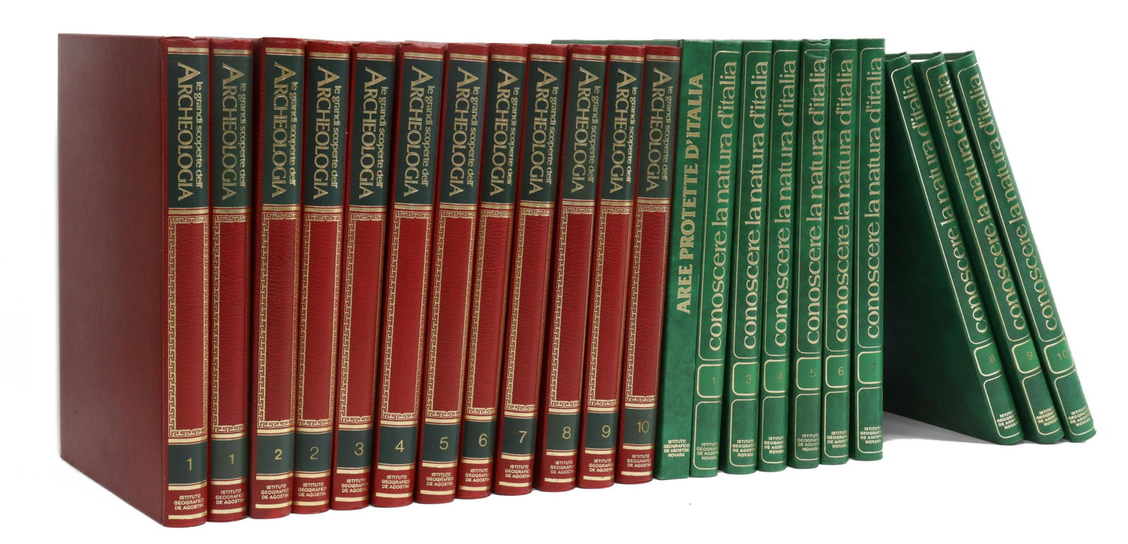 (22) ITALIAN LIBRARY SHELF BOOKS, 20THC: (lot of 22) Italian library shelf books, 20th c, having gilt embossed leatherette binding, some with color illustration plates, including: "Aree Protette D'Italia, Franco Tassi, Instituto Geografico d