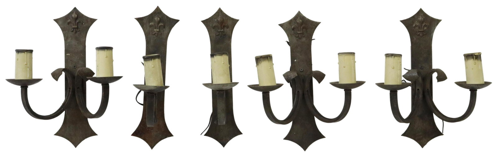 5) FRENCH GOTHIC REVIVAL WROUGHT IRON WALL SCONCES: (lot of 5) French Gothic Revival wrought iron wall sconces, 19th c., having shaped wall plate, accented with fleur-de-lis motif, supporting curving arms ending in bobeche and faux candle, comprising: 