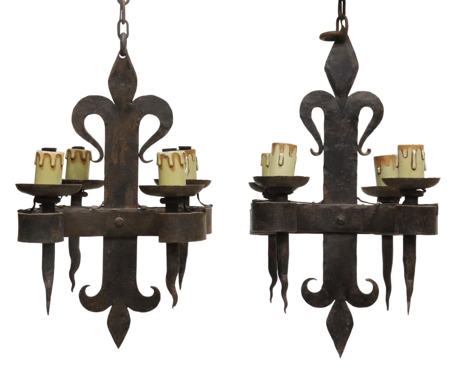 (2) FRENCH GOTHIC REVIVAL IRON 4-LT HANGING LIGHTS: (pair) French Gothic Revival wrought iron four-light hanging lights, 19th c., having flat central column with fleur de lis motif, four horizontal scrolled arms, supporting undulating spikes, ending in