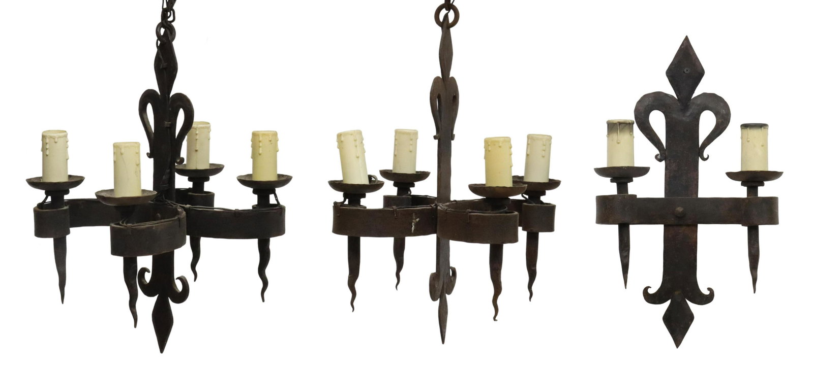 (3) FRENCH GOTHIC REVIVAL WROUGHT IRON LIGHTING: (lot of 3) French Gothic Revival wrought iron lighting group, 19th c., comprising: (pair) four-light hanging lights, having flat central column with fleur de lis motif, four horizontal scrolled arms, 