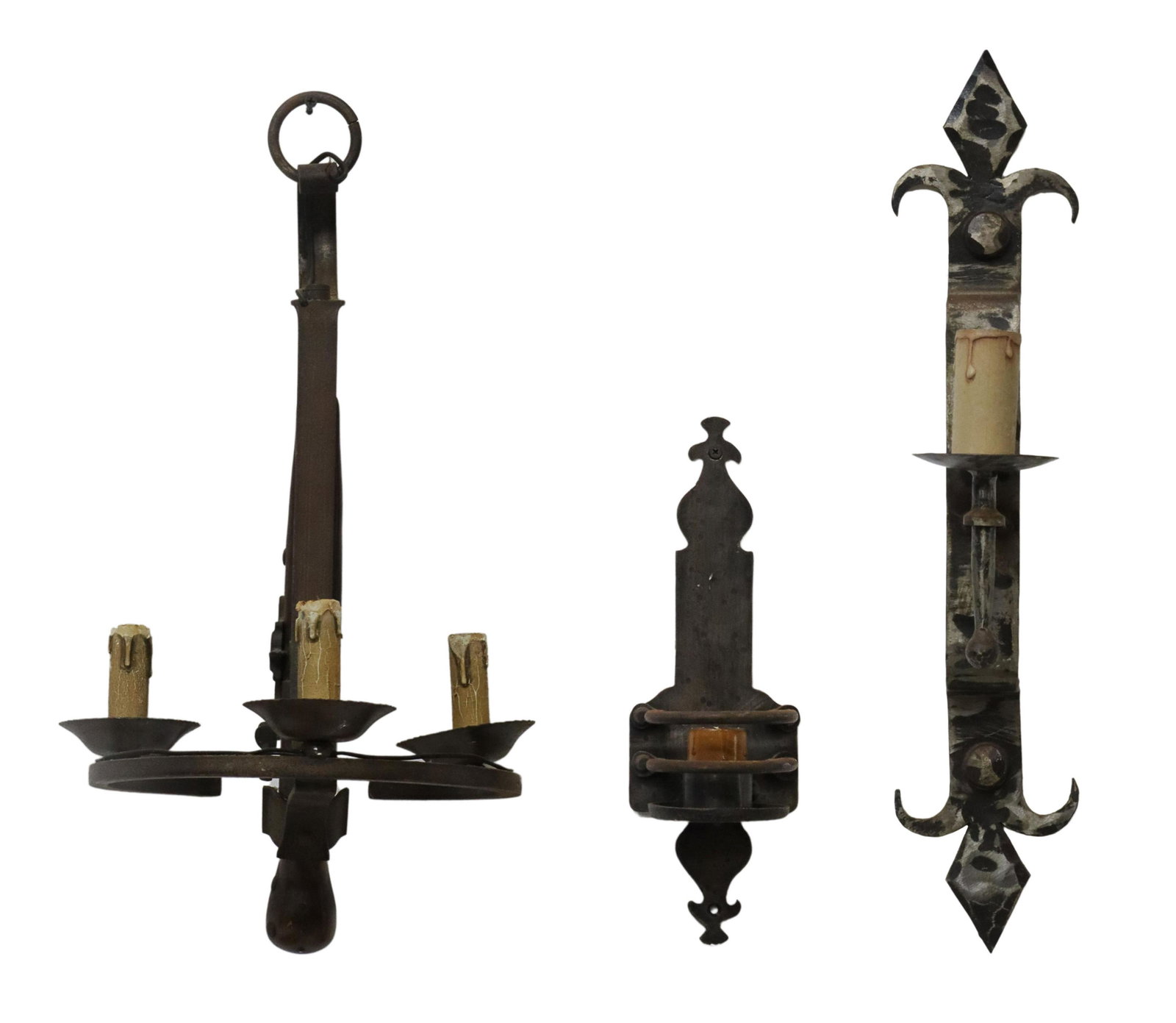 (3) FRENCH WROUGHT IRON HANGING LIGHT & SCONCES: (lot of 3) French wrought iron hanging light and wall sconces, 20th c., including: (2) Gothic style single-light wall sconces, varied, (1) hanging light fashioned with a facsimile flintlock smooth bor