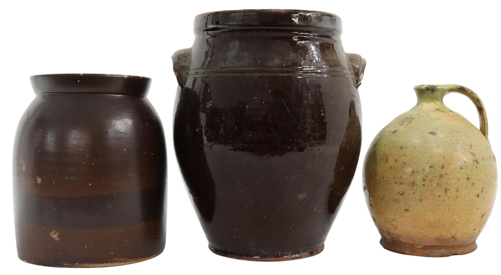 (3) AMERICAN REDWARE & STONEWARE VESSELS: (lot of 3) American redware and stoneware vessels, 19th c., comprising: (1) green glazed redware jug, possibly from Ohio, having handled globular body, approx 8.25"h, 6"diam; (1) brown glazed crock, N