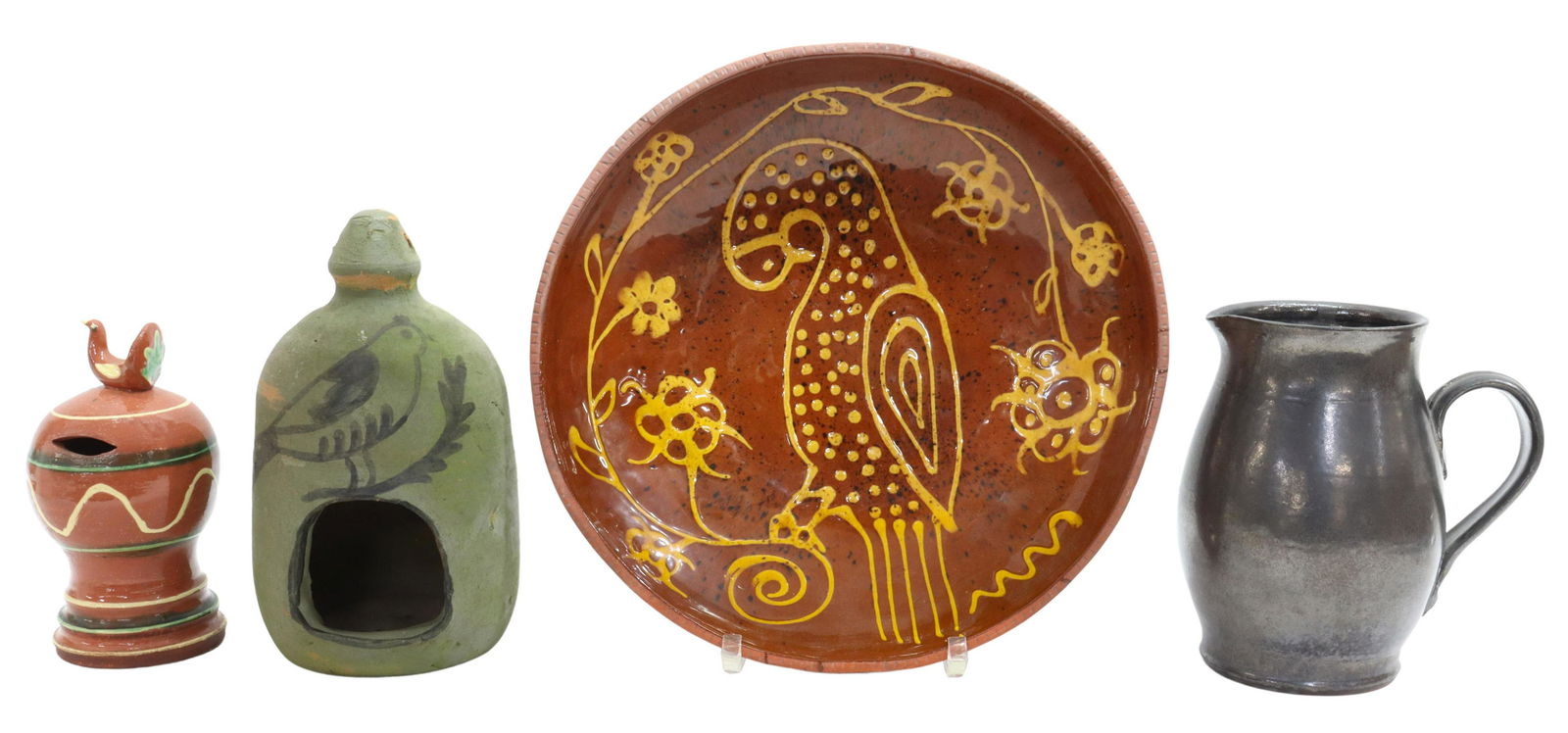 (4) AMERICAN REDWARE POTTERY COLLECTION: (lot of 4) American redware pottery, 20th c., comprising: (1) manganese glazed pitcher, signed Dorothy Long, dated 1985, retaining original tag, Museum Editions Limited Early American Collection, appr