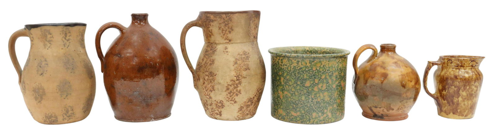 (6) AMERICAN STONEWARE POTTERY JUGS & PITCHERS: (lot of 6) American stoneware pottery, 19th/ 20th c., including: (1) bulbous redware jug with slip glaze, Massachusetts, approx 6.25"h, (1) bulbous redware jug, approx 9"h, (1) Bennington pitcher, wit