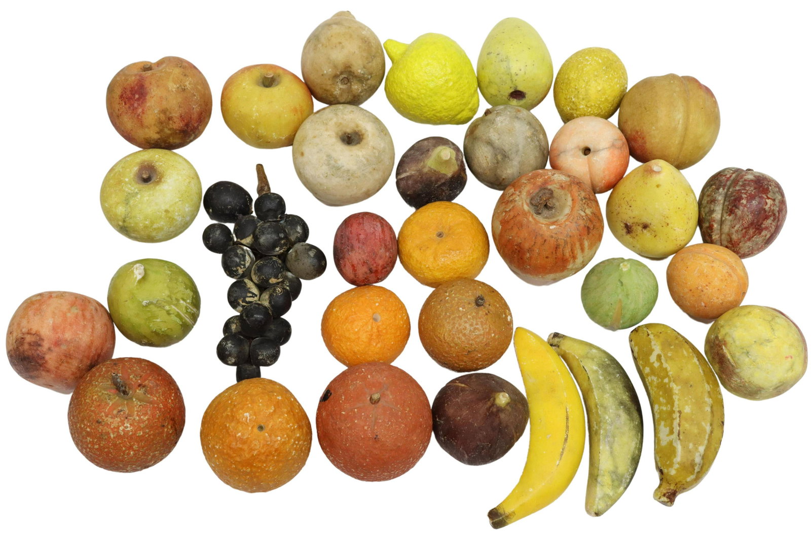 (32) PAINTED STONE FRUIT COLLECTION: (lot of 32) Large collection of painted stone fruit, likely alabaster, early 20thc, various sizes, colors, and styles, comprising: (6) oranges and mandarins; (6) apples; (6) peaches; (3) bananas; (4) 