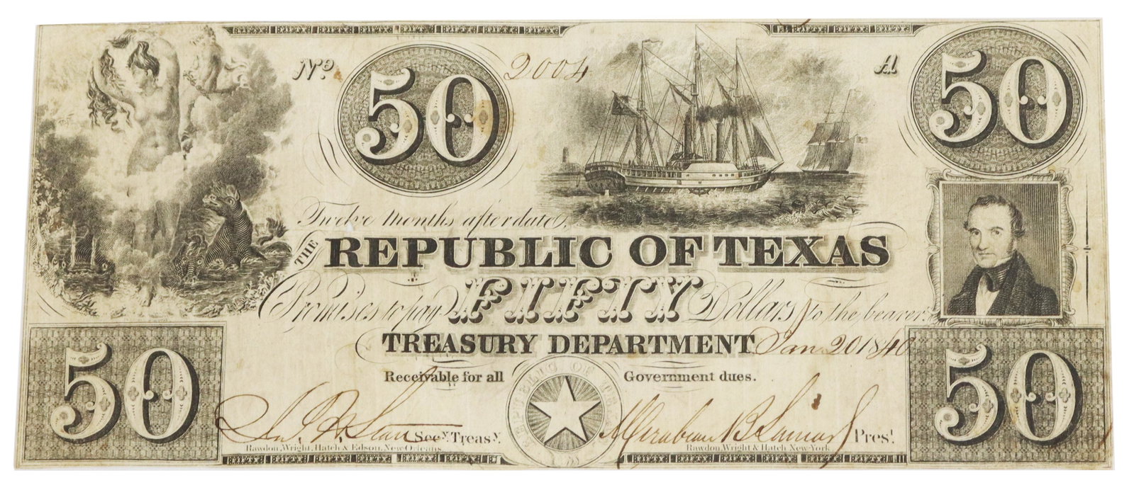 REPUBLIC OF TEXAS $50 NOTE SIGNED PRESIDENT LAMAR: Republic of Texas $50.00 bill, dated January 20, 1840, signed Mirabeau B. Lamar, President, and James H. Starr, Secretary of Treasury, figural and Texas war ship vignettes, not endorsed on verso, tear