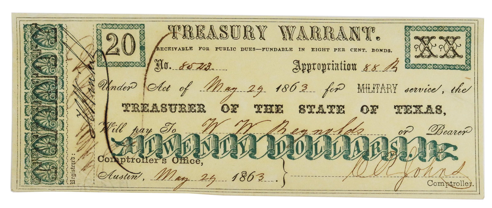 TEXAS CIVIL WAR ERA $20 TREASURY WARRANT: Civil War era, Texas Treasury Warrant for Military Service, in the amount of $20.00, dated May 29, 1863, payable to W.W. Reynolds, signed lower right C. R. Johns (Clement R. Johns, Texas comptroller 1
