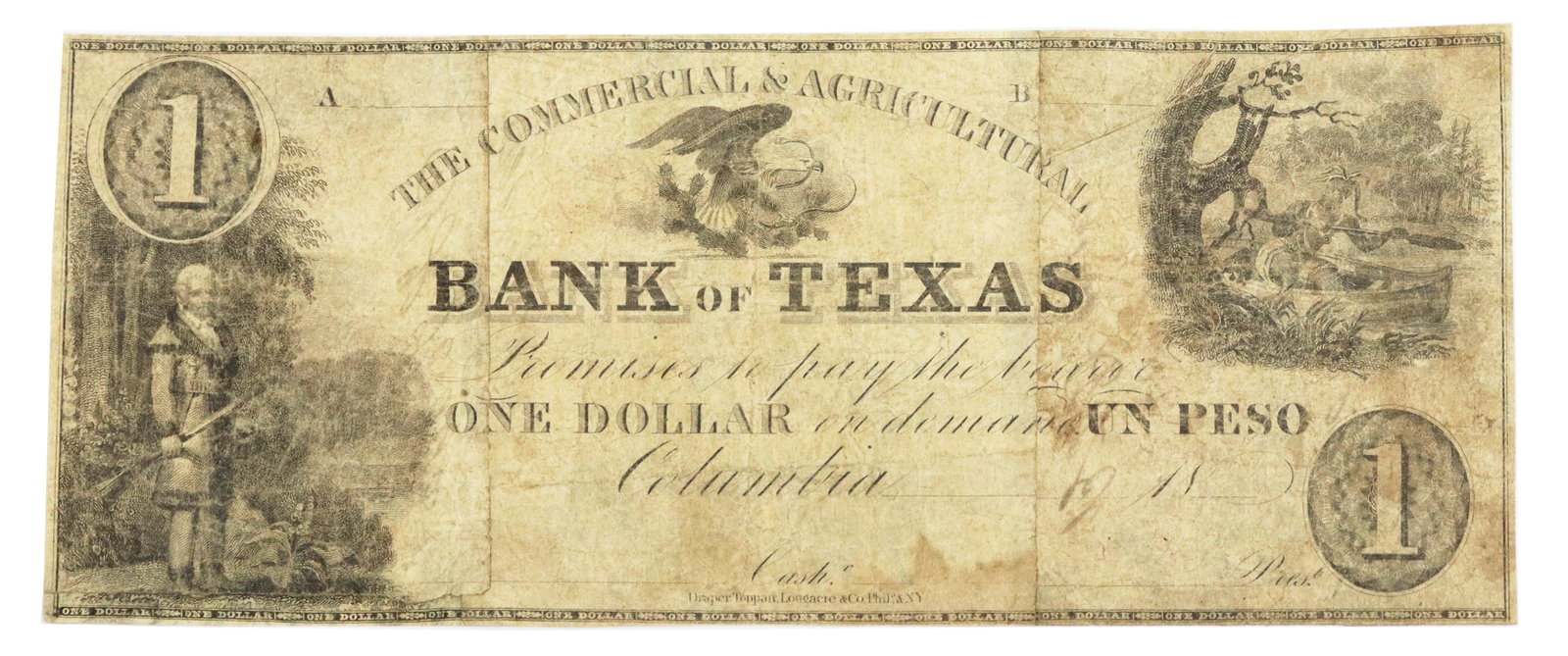 RARE TEXAS CURRENCY PRINTED ON LOUISIANA MONEY: Texas private currency issued by Commercial and Agricultural Bank of Columbia Texas, c.1862, One Dollar or One Peso value, at left a vignette of a hunter, at top center the Mexican eagle with snake, a