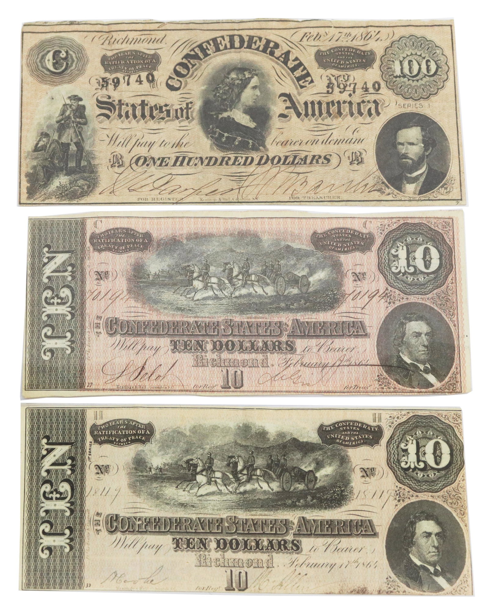 (3) CONFEDERATE STATES OF AMERICAN 1864 CURRENCY: (lot of 3) Confederate States of America currency, including: (1) One Hundred Dollars ($100), Seventh Issue, February 17, 1964, Series 1, vignettes of Lucy Pickens (called Queen of the Confederacy, wi