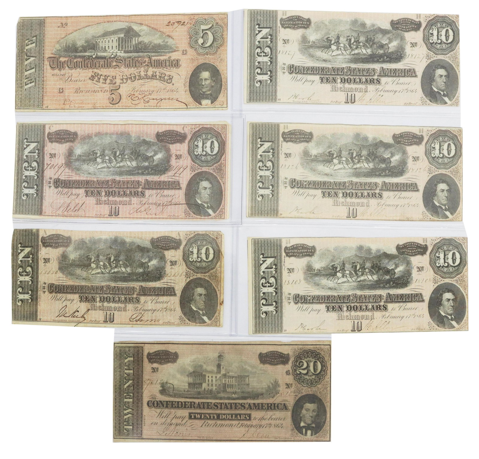 (7) CONFEDERATE STATES OF AMERICA CURRENCY: (lot of 7) Confederate States of America currency, including: (1) Five Dollars ($5) , Seventh Issue, February 16, 1864, vignettes of Virginia State Capitol and Christopher Memminger, CSA Secretary of 