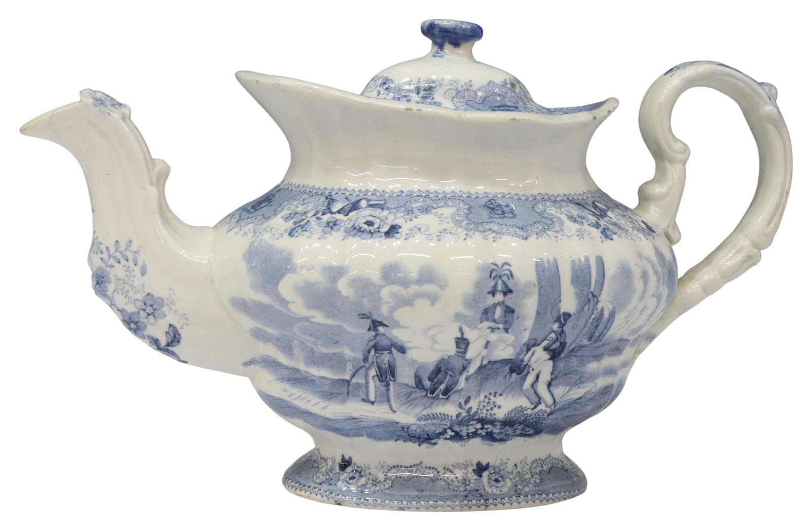HISTORICAL STAFFORDSHIRE TEXIAN CAMPAIGNE TEAPOT: Scarce English Staffordshire teapot, in the "Texian Campaigne" pattern, James Beech, c.1850, with blue transfer printed decoration, scene with officer and men at rest around a fire, marked underfoot,
