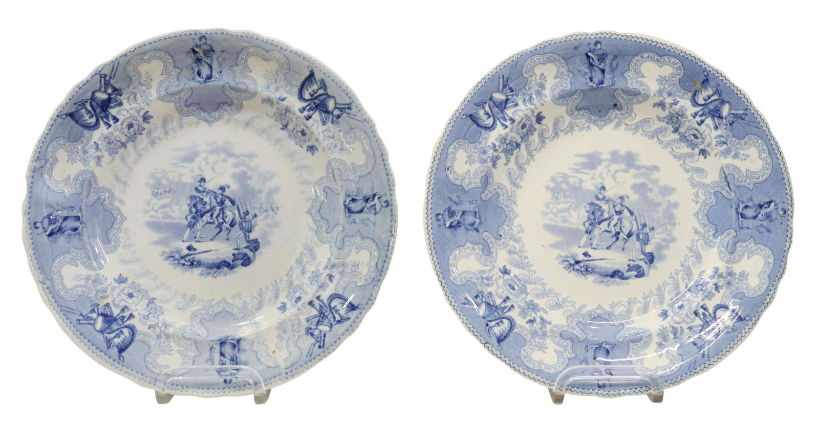 2) HISTORICAL STAFFORDSHIRE TEXIAN CAMPAIGNE PLATE: (lot of 2) Scarce English Staffordshire dinner plates, in the "Texian Campaigne" pattern, James Beech, mid 19th c., with blue transfer printed decoration, depicting the 1846 Battle of Palo Alto, marke