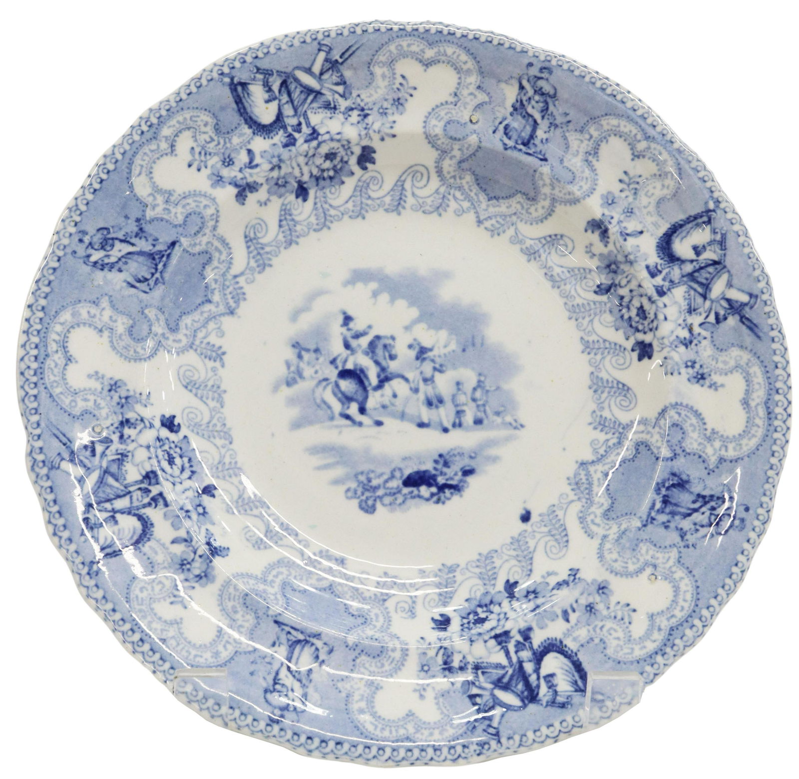 HISTORICAL STAFFORDSHIRE TEXIAN CAMPAIGNE PLATE: Scarce English Staffordshire small dessert plate, in the "Texian Campaigne" pattern, James Beech, c.1850, with blue transfer printed decoration, scene titled General on Rearing Horse, marked underfoot