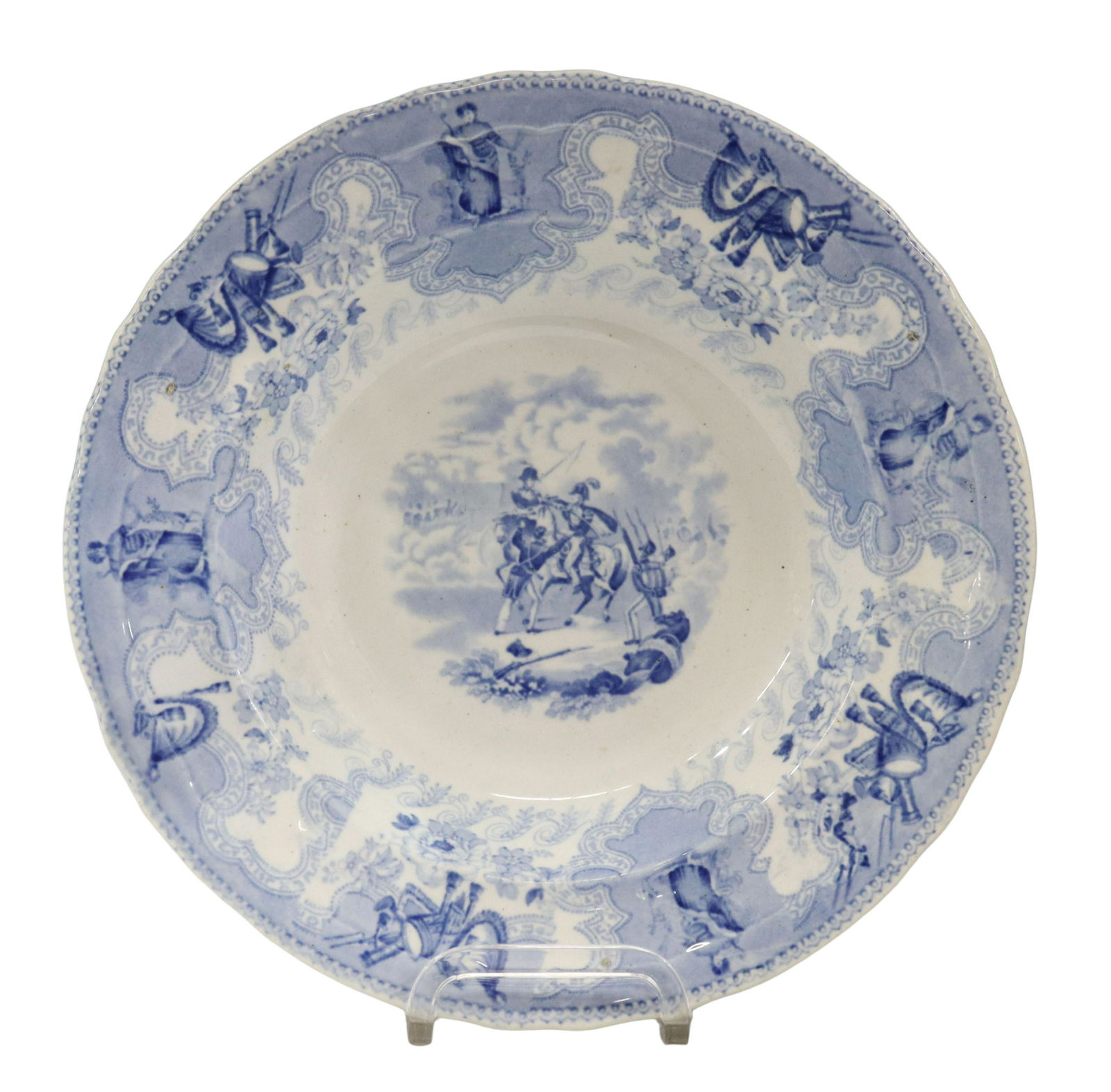 HISTORICAL STAFFORDSHIRE TEXIAN CAMPAIGNE BOWL: Scarce English Staffordshire soup bowl, in the "Texian Campaigne" pattern, James Beech, mid 19th c., with blue transfer printed decoration, depicting the 1846 Battle of Palo Alto, marked underfoot, ap