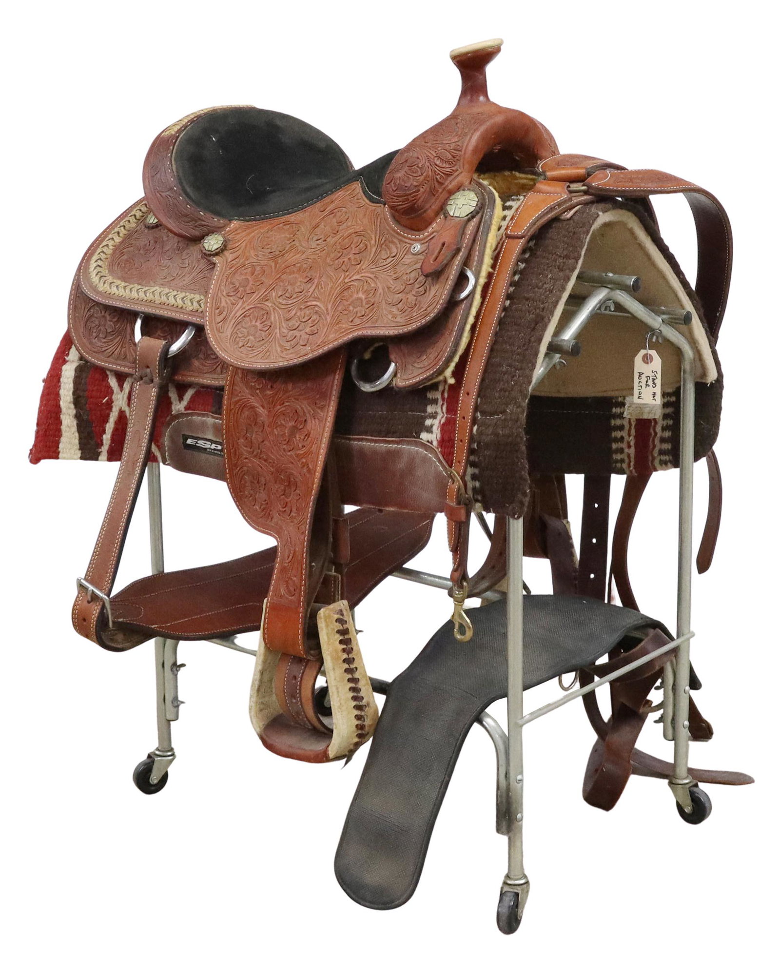 HIGHLY TOOLED ALLEN BACH WESTERN ROPING SADDLE: Western roping saddle, Allen Bach, light brown leather, highly tooled with Bach tag and conchos, 16" seat, complete with ESP wool top leather accented saddle blanket, Billy Cook leather accessories (s