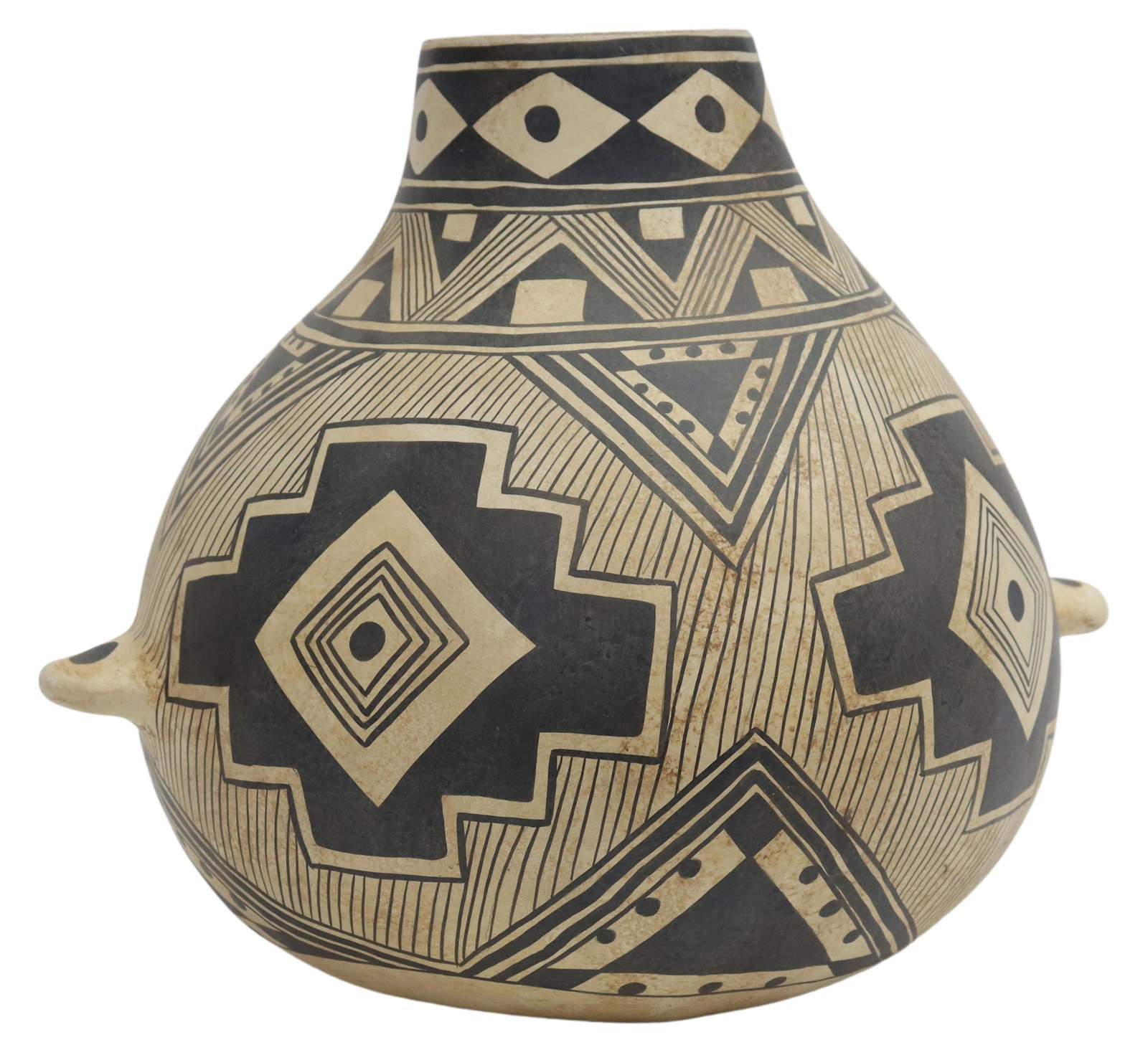 ROBERT RIVERA SOUTHWEST PAINTED GOURD: Southwest Anasazi inspired painted gourd bowl, signed underfoot Robert Rivera (Santa Fe, New Mexico, 20th c.), dated 1996, having globular body with short neck, two lobed handles, black geometric deco