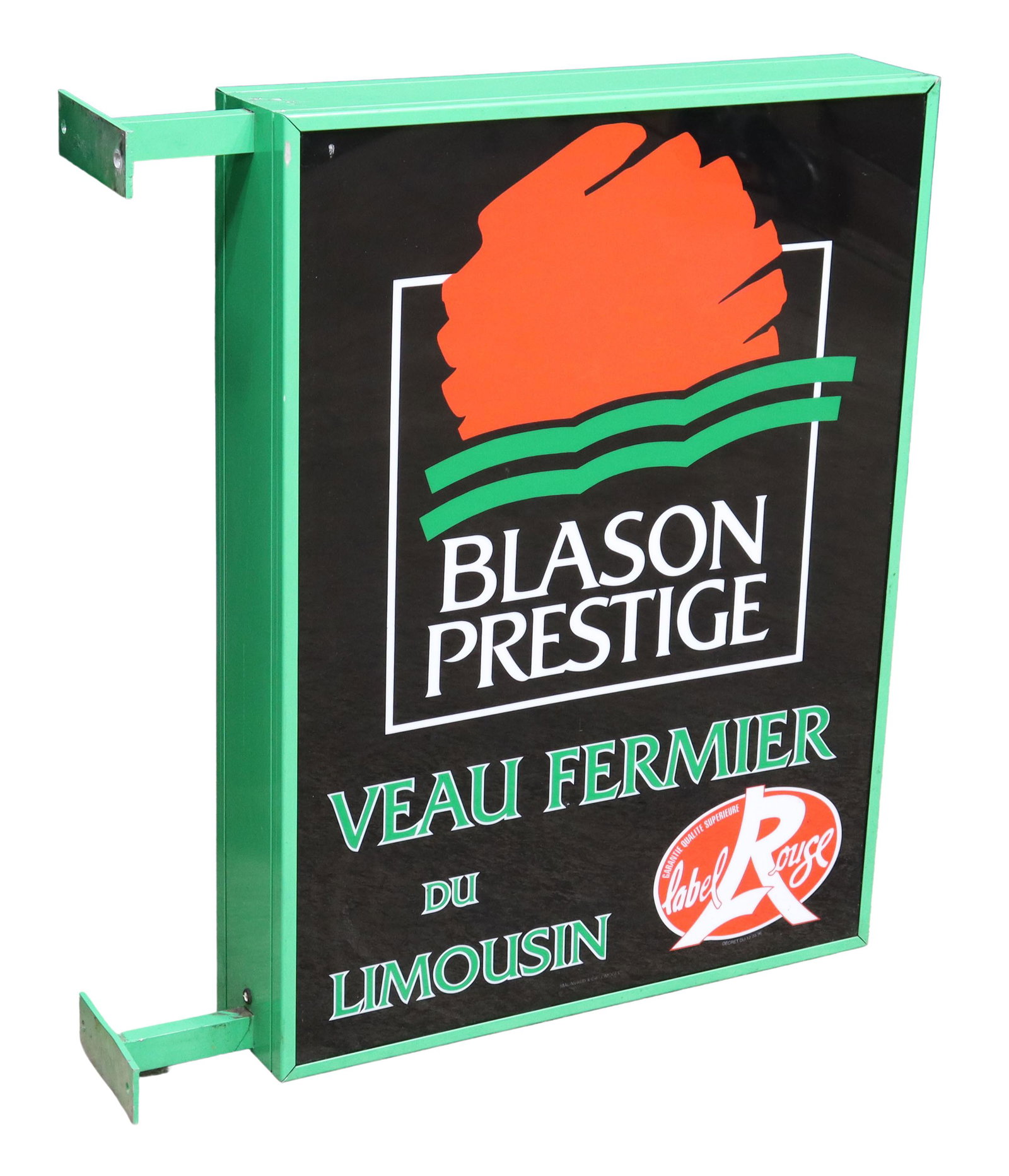 FRENCH 'BLASON PRESTIGE' ELECTRIC ADVERTISING SIGN: French electric advertising sign for 'Blason Prestige' beef, 20th c., painted metal frame enclosing double sided polychrome plexiglass sign, fitted with two mounting brackets, in need of wiring, appro