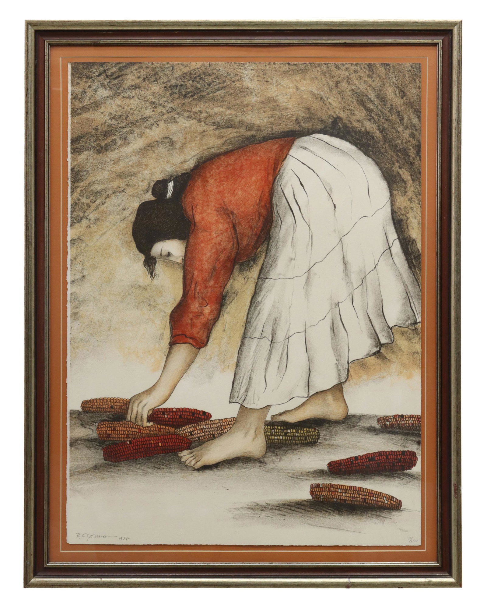 R.C. GORMAN (1932-2005) INDIAN CORN LITHOGRAPH: Framed lithograph on paper, "Indian Corn," signed lower left R.C. Gorman (Rudolph Carl Gorman, New Mexico, Arizona, 1932-2005), dated 1978, numbered 71/ 150, sheet: approx 30"h, 22"w, overall: 35.25"h