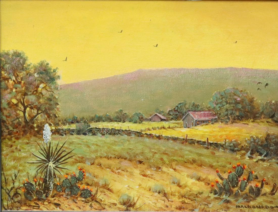 DANIEL MALDONADO (1940-2019) TEXAS CACTUS: Framed oil painting on board, Texas Cactus in Bloom, signed lower right Maldonado (Daniel Maldonado, Texas, 1940-2019), slight paint loss upper edge right, sight: 8.5"h, 11.5"w, overall: 15.5"h, 18.5"