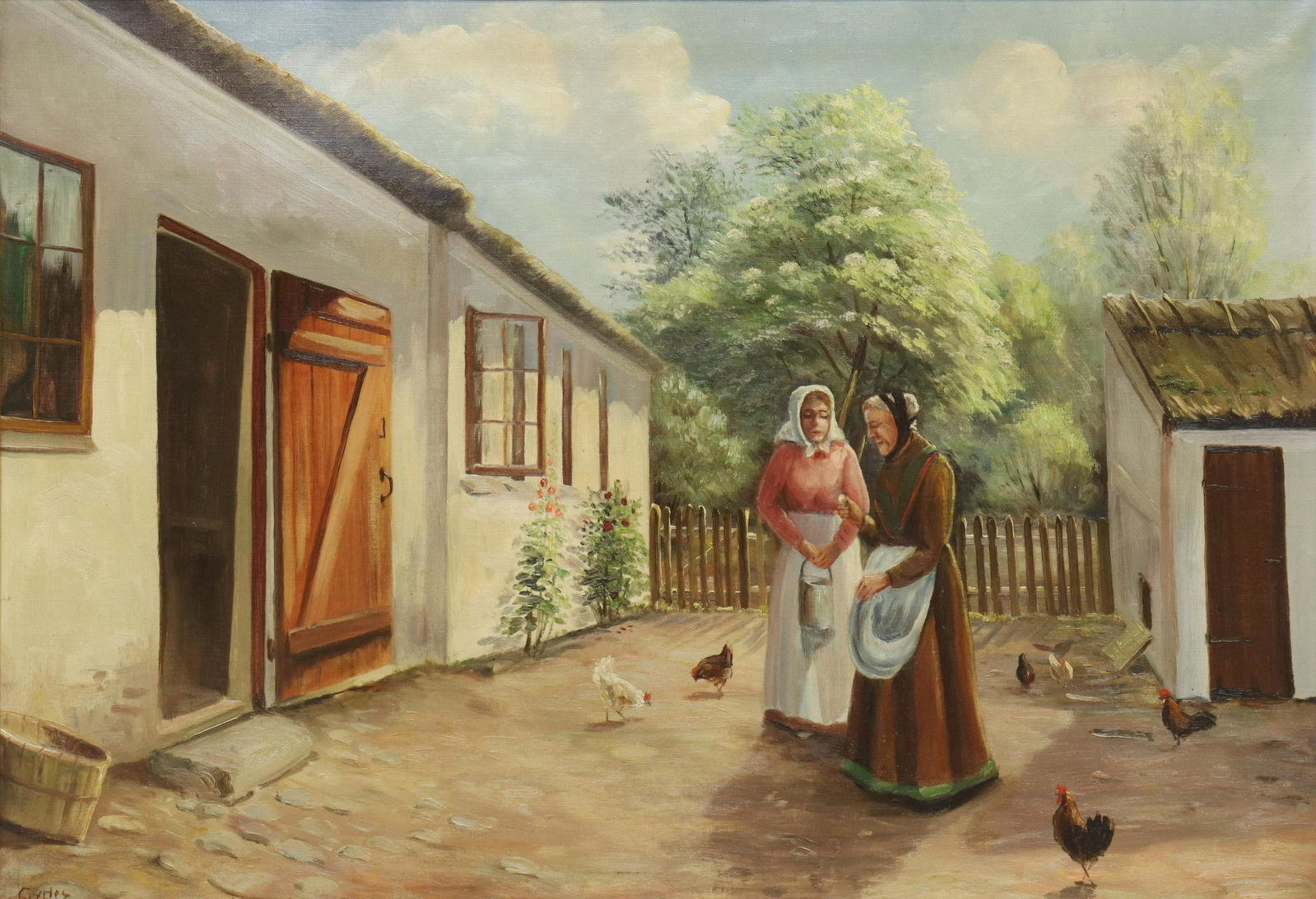 SIGNED GENRE PAINTING WOMEN IN YARD WITH CHICKENS: Framed oil on canvas painting, Women in the Yard with Chickens, signed lower left Gydes (?), sight: 25.75"h, 37.75"w, overall: 31.5"h, 43.25"w, 12.5lbs Start Price: $80.00