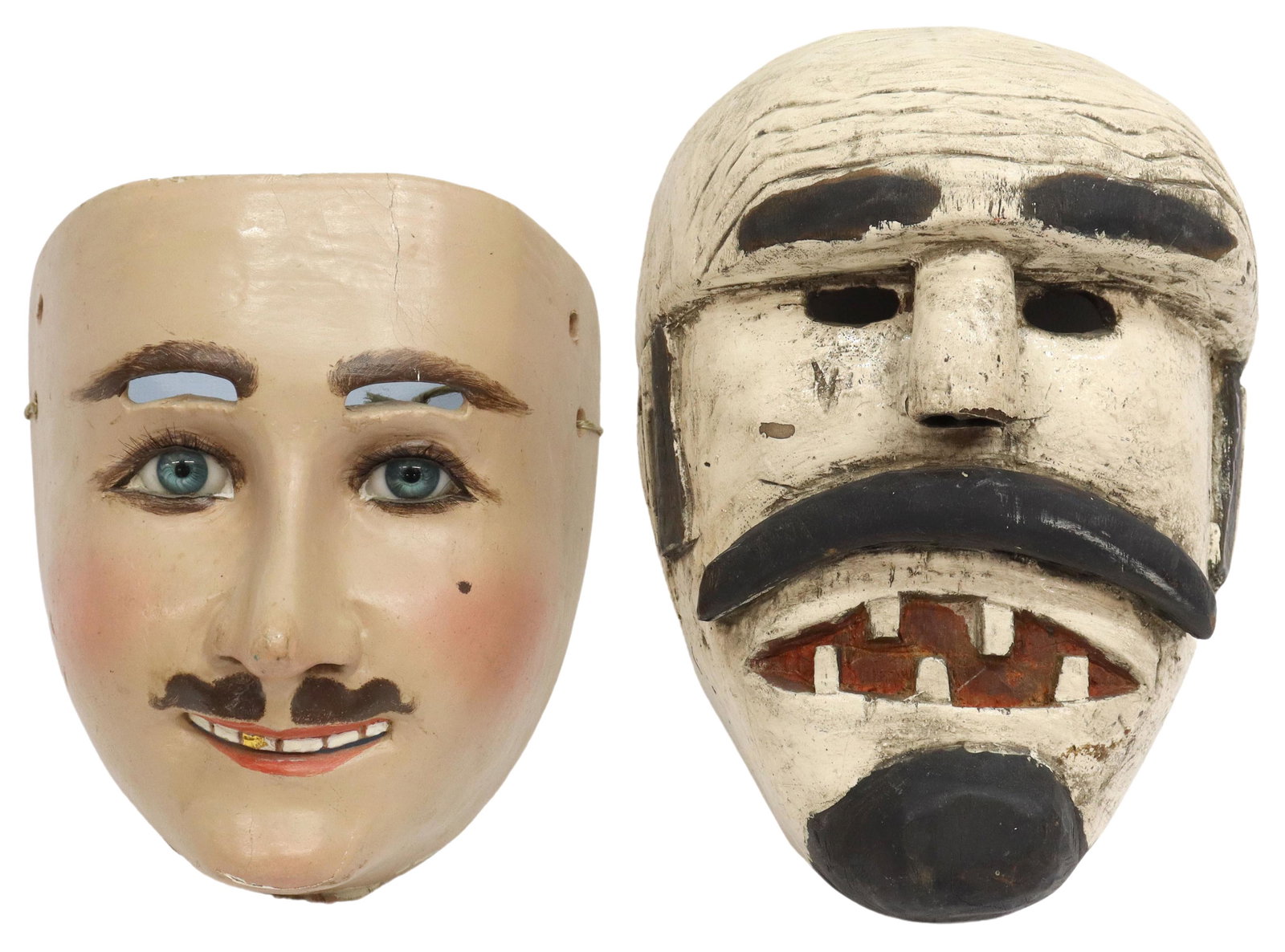 (2) VINTAGE DANCE MASKS, DANDY & SOLDIER, MEXICO: (lot of 2) Vintage hand-carved and polychrome painted dance masks, Mexico, including: (1) Catrine or 'dandy' mask, the face with glass eyes, mustache and gold tooth, Tlanxcala, approx 7"h, 6"w, 4.5"d;
