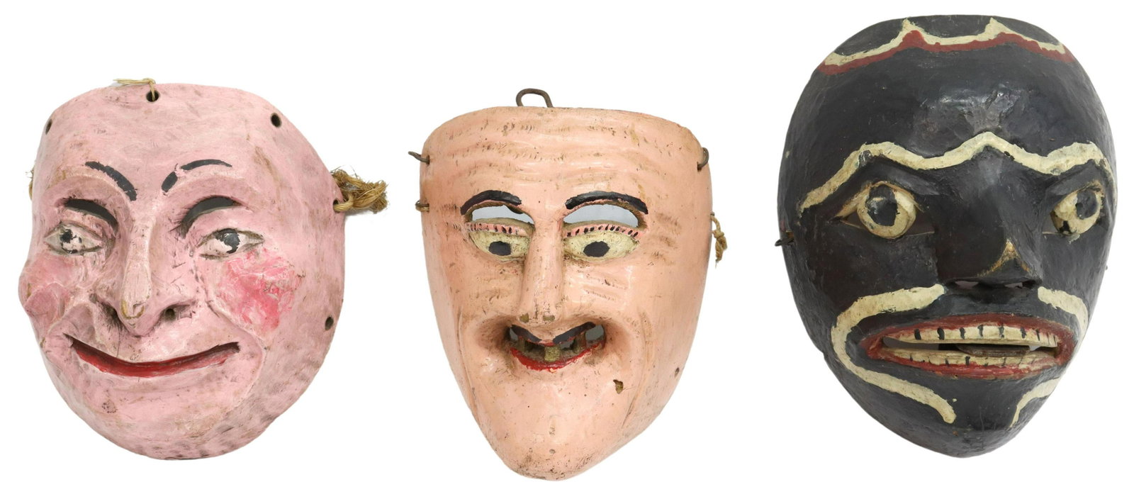 (3) VINTAGE CARVED & PAINTED DANCE MASKS, MEXICO: (lot of 3) Vintage carved and painted wood dance masks, Mexico, including: (1) black with painted teeth, operable tongue, Mixtec, Oaxaca, approx 8.25"h, 6.5"w, 4.25"d; (1) "dance of the old men" mask,