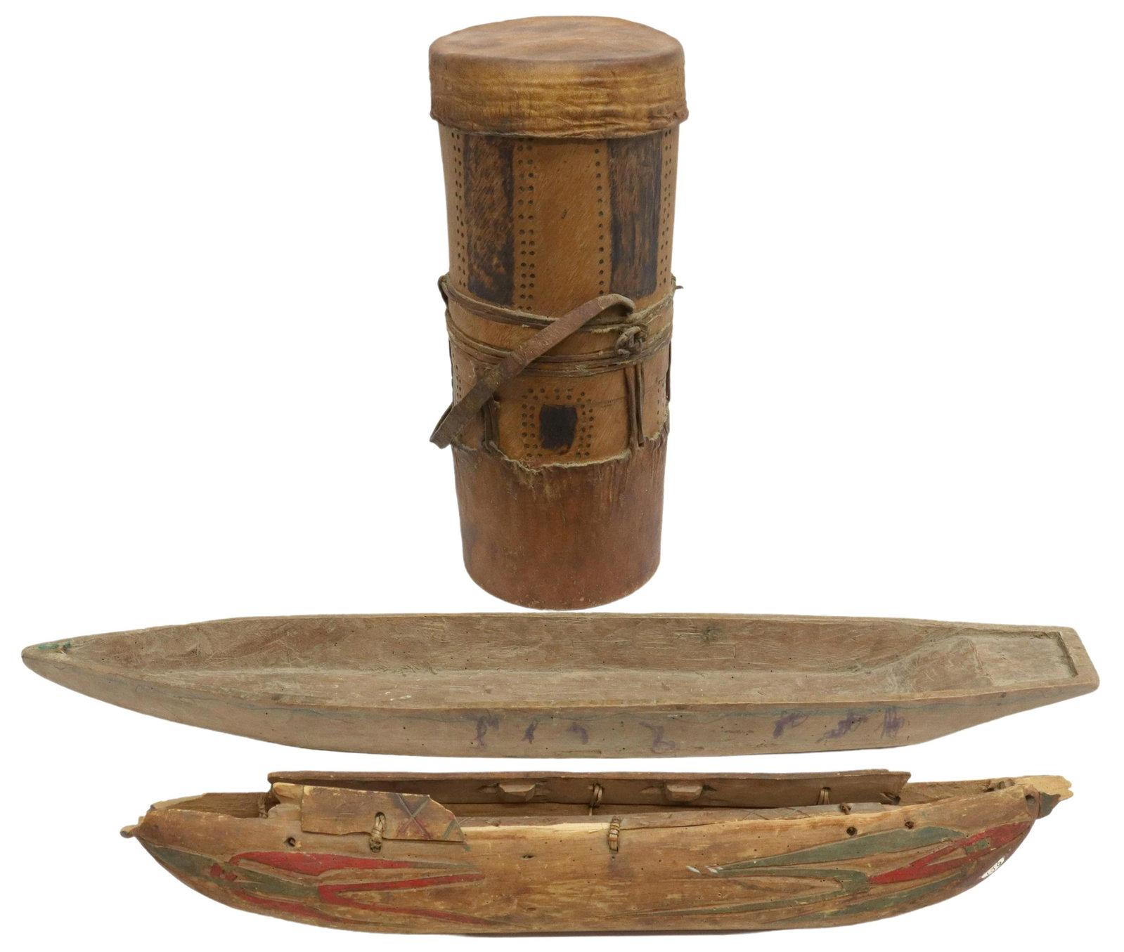 (3) HAND-CARVED WOOD TOY CANOES, FOOD FLASK: (lot of 3) Food flask and miniature canoes, including: (1) food gathering flask, Samburu People, a Masai sub-tribe, Northern Kenya, c.1950s, a cylindrical container with a removable leather top and fi