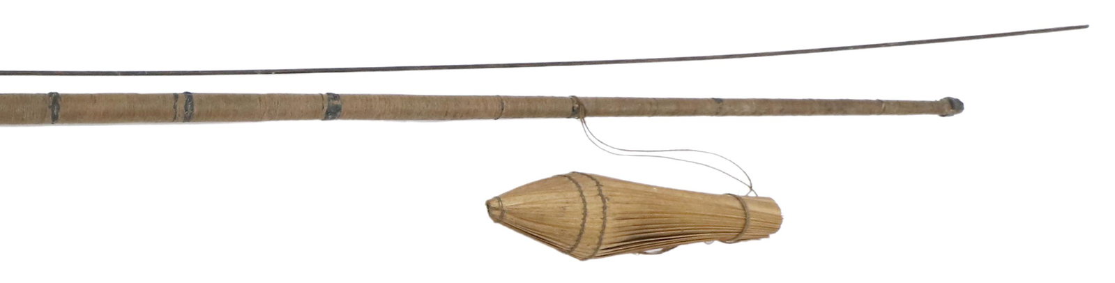 AUTHENTIC AMAZON BLOW GUN & DARTS, 83"LONG: Vintage Yagua Peruvian Amazonian blow gun with accessories, the blowgun about 83"l with a carved wood mouthpiece about 2.75" diameter, a 95" reamer for keeping the barrel clean and smooth, a kapok ree