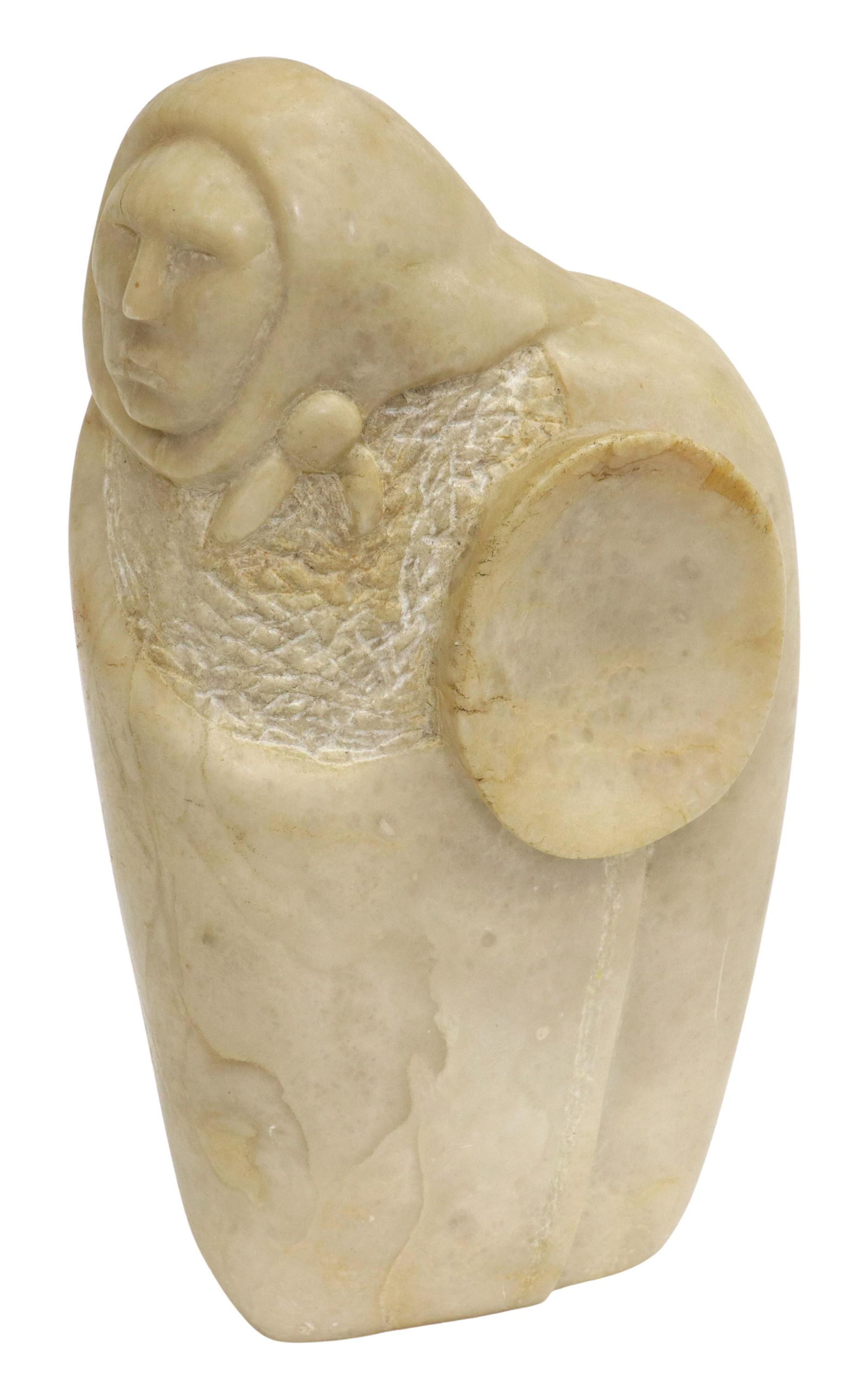 CARVED ALABASTER SCULPTURE HOODED FIGURE W/ SHIELD: Carved alabaster sculpture, Hooded Figure with Shield, unsigned, approx 11"h, 6"w, 10lbs Start Price: $80.00