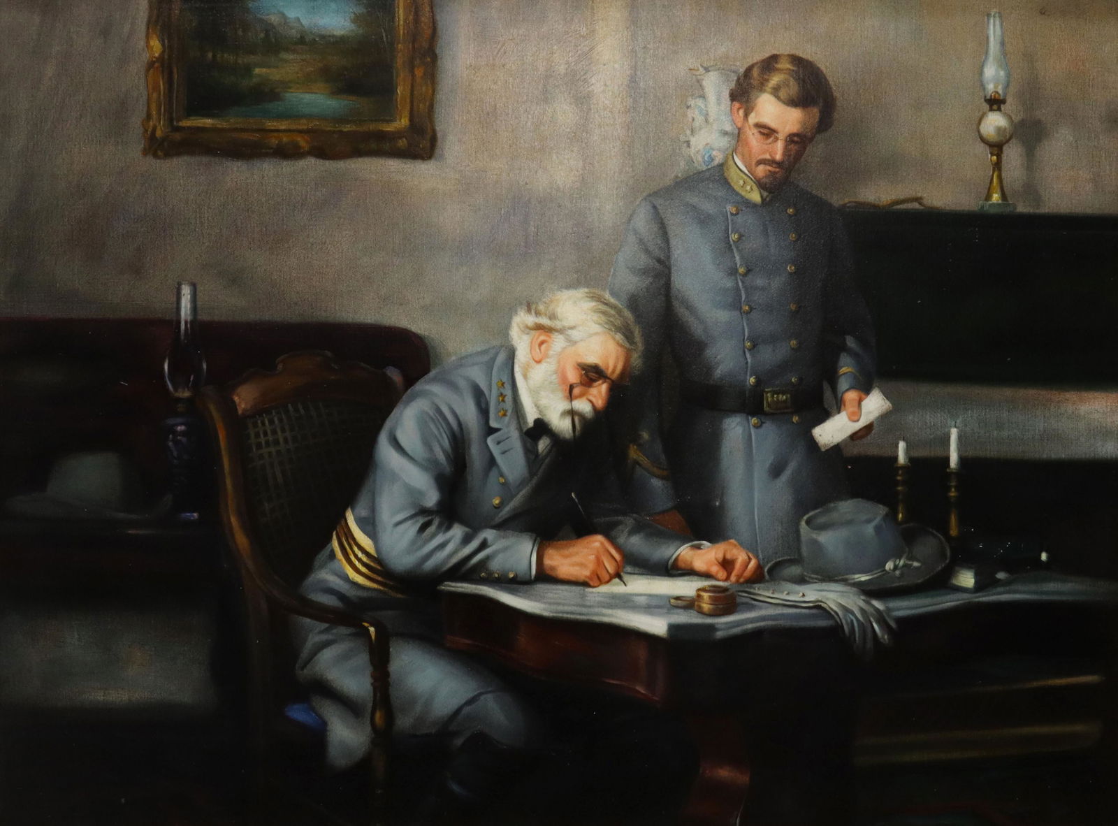 PAINTING AFTER TOM LOVELL, LEE AT APPOMATTOX 30X40: Framed oil painting on canvas, Robert E. Lee at Appomattox, after a section of the painting by Tom Lovell (1909-1997) entitled "Surrender at Appomattox," unsigned, sight: 29.75"h, 39.5"w, overall: 39.
