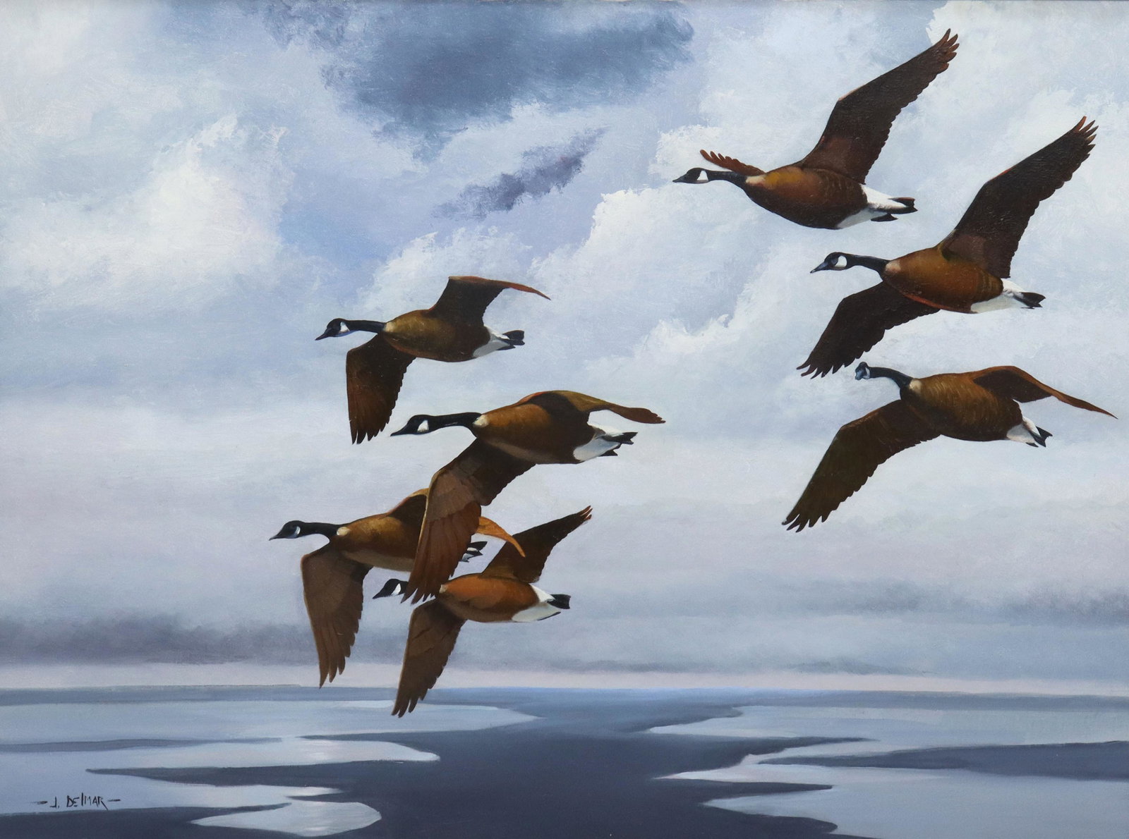 J. DELMAR PAINTING CANADA GEESE IN FLIGHT: Framed oil painting on canvas, Canada Geese in Flight, signed lower left J. Delmar (James Delmar Champney, 20th c.), sight: 29.5"h, 39.5"w, overall: 37"h, 46.75"w, 13.75lbs Start Price: $100.00