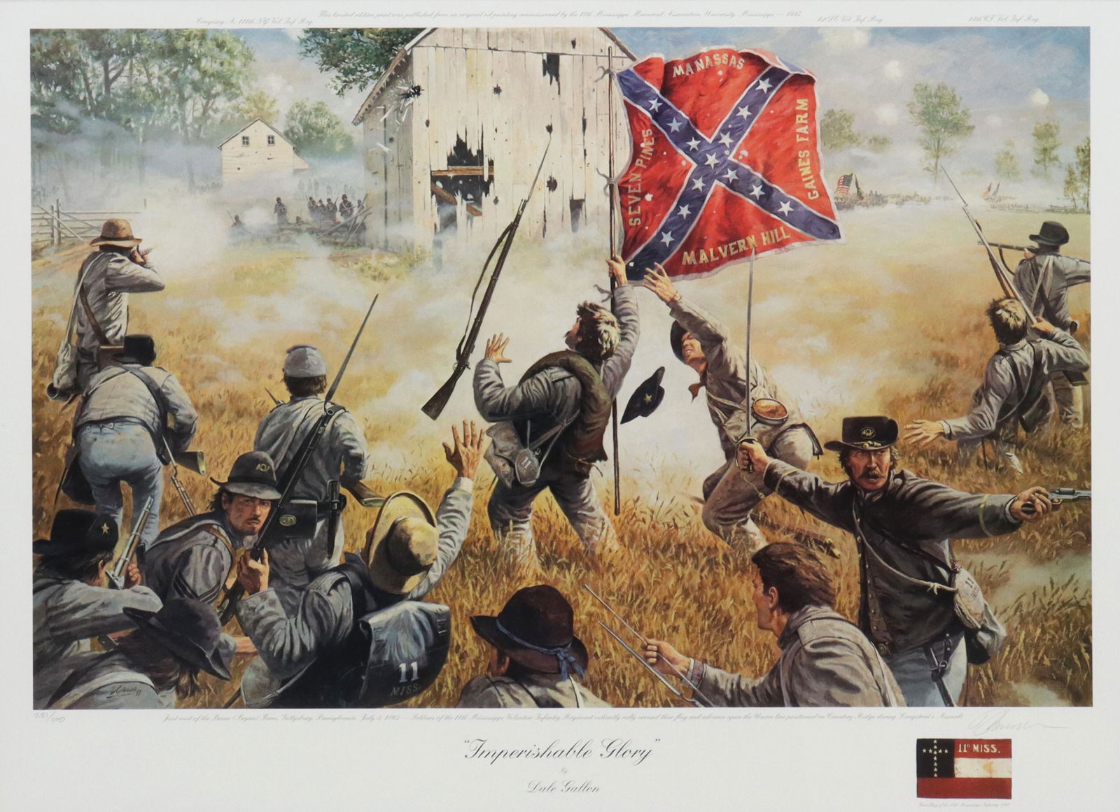 DALE GALLON CIVIL WAR PRINT 'IMPERISHABLE GLORY': Framed limited-edition Civil War print, "Imperishable Glory," pencil signed Dale Gallon (California, Pennsylvania, 20th/ 21st c.), numbered 281/ 500, the 11th Ms Memorial Edition, COA at verso, sight: