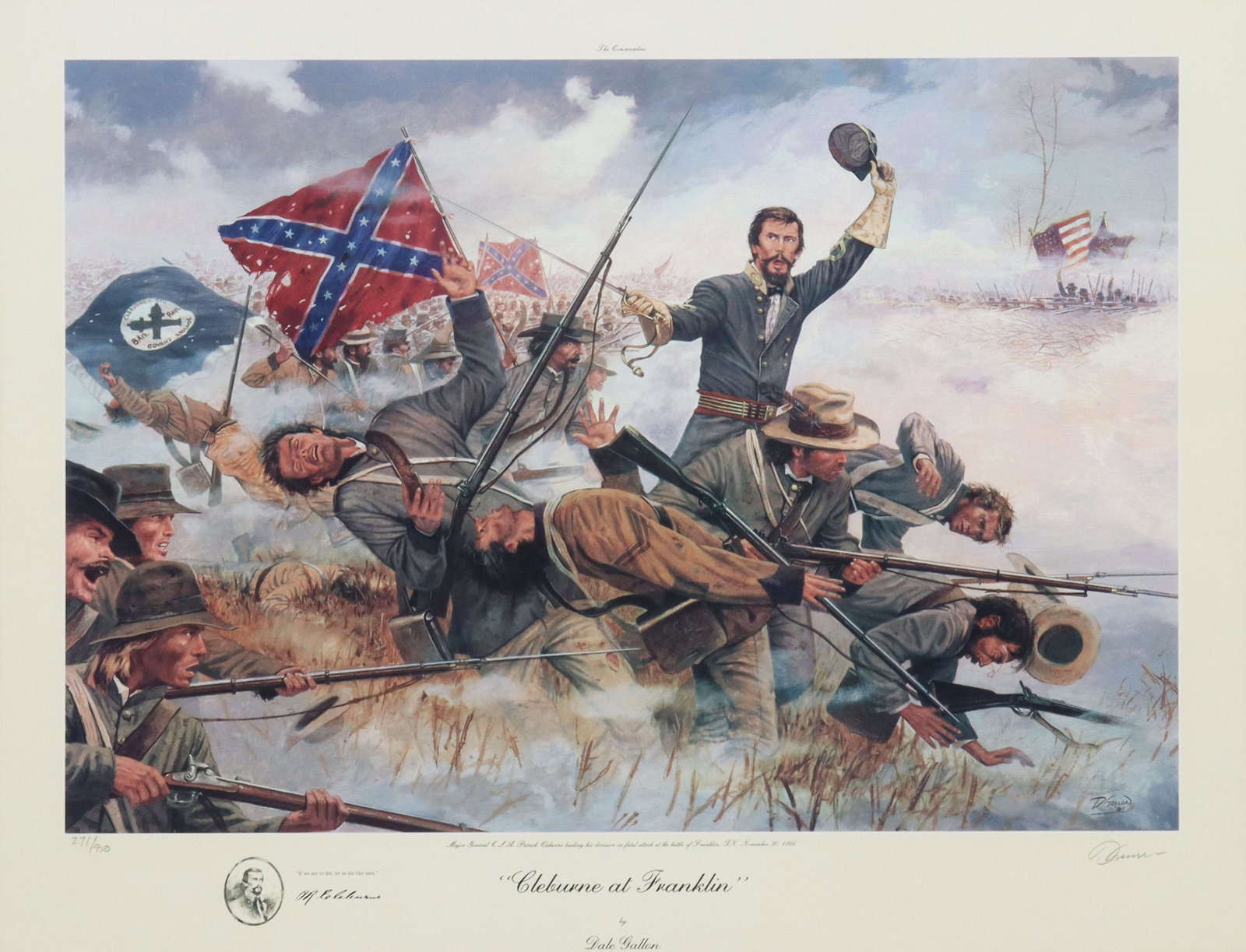 DALE GALLON CIVIL WAR PRINT 'CLEBURNE AT FRANKLIN': Framed limited-edition Civil War print, "Cleburne at Franklin," pencil signed Dale Gallon (California, Pennsylvania, 20th/ 21st c.), numbered 271/ 950, sight: 20.5"h, 28.75"w, overall: 32"h, 38"w, 15.