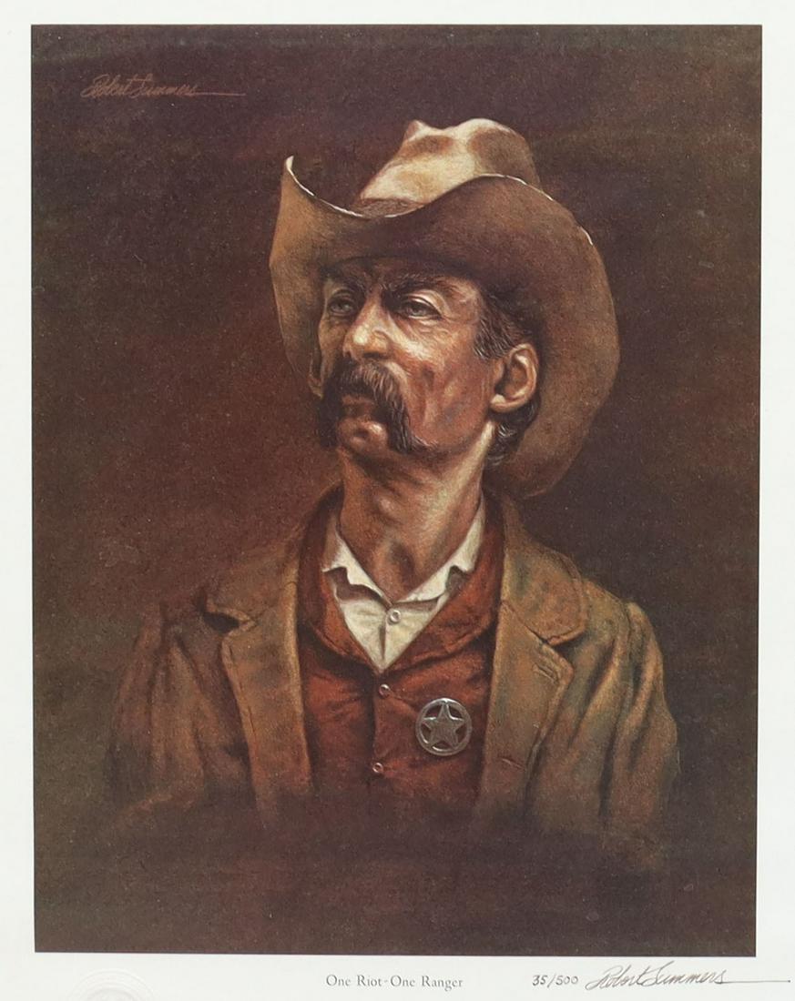 ROBERT SUMMERS (B.1940) TEXAS RANGER PRINT: Framed limited-edition print on paper, "One Riot, One Ranger," signed lower right Robert Summers (Texas, b.1940), numbered 35/ 500, sight: 19.5"h, 15.5"w, overall: 24.5"h, 20.75"w, 5lbs Start Price: $