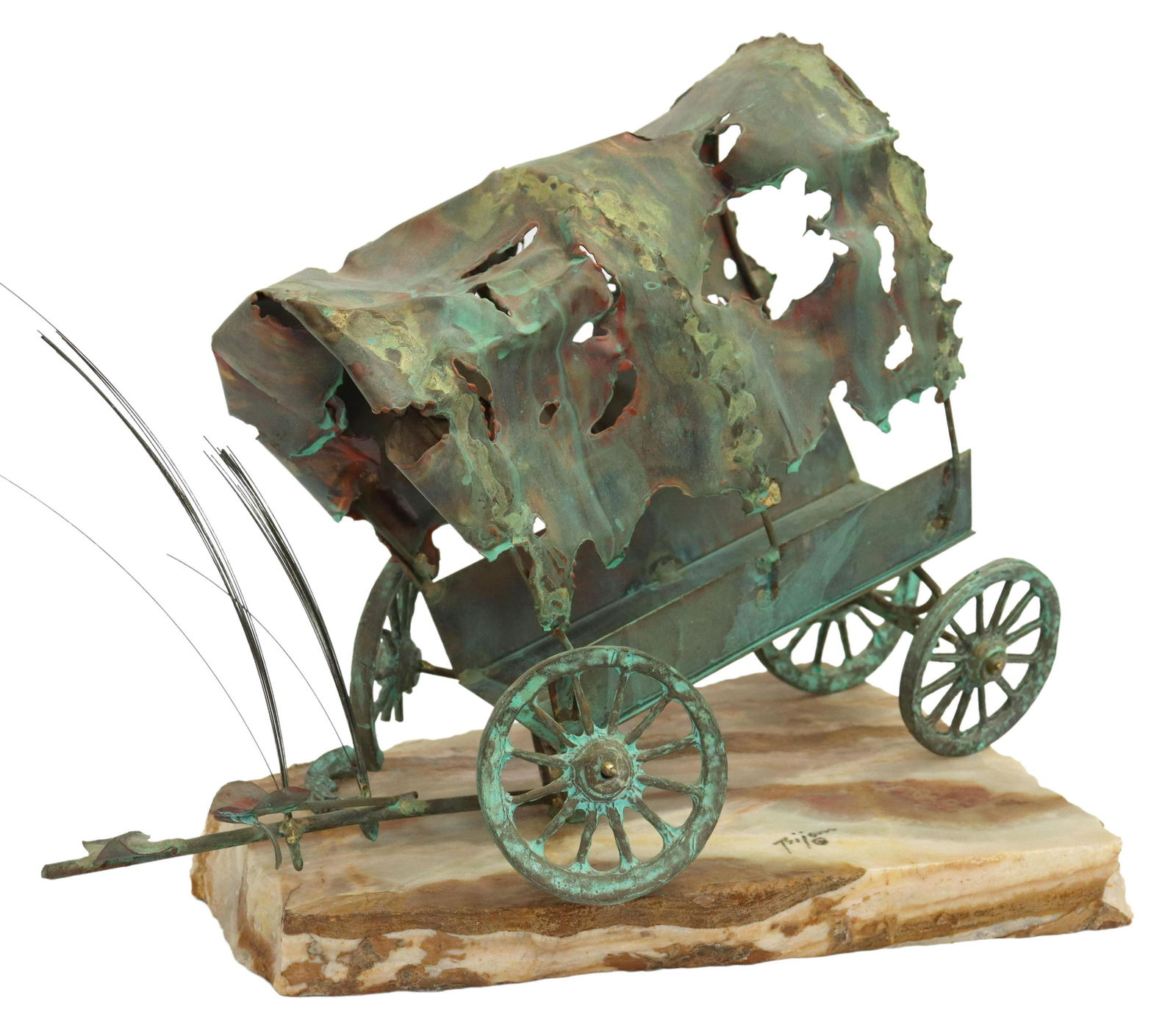 BRIAN BIJAN METAL SCULPTURE COVERED WAGON: Metal sculpture in a verdigris finish, Covered Wagon, signed Bijan (Brian Bijan, 1936-2016), on an onyx base, approx 10.5"h, 13.25"w, 7.75"w, 8.25lbs Start Price: $80.00