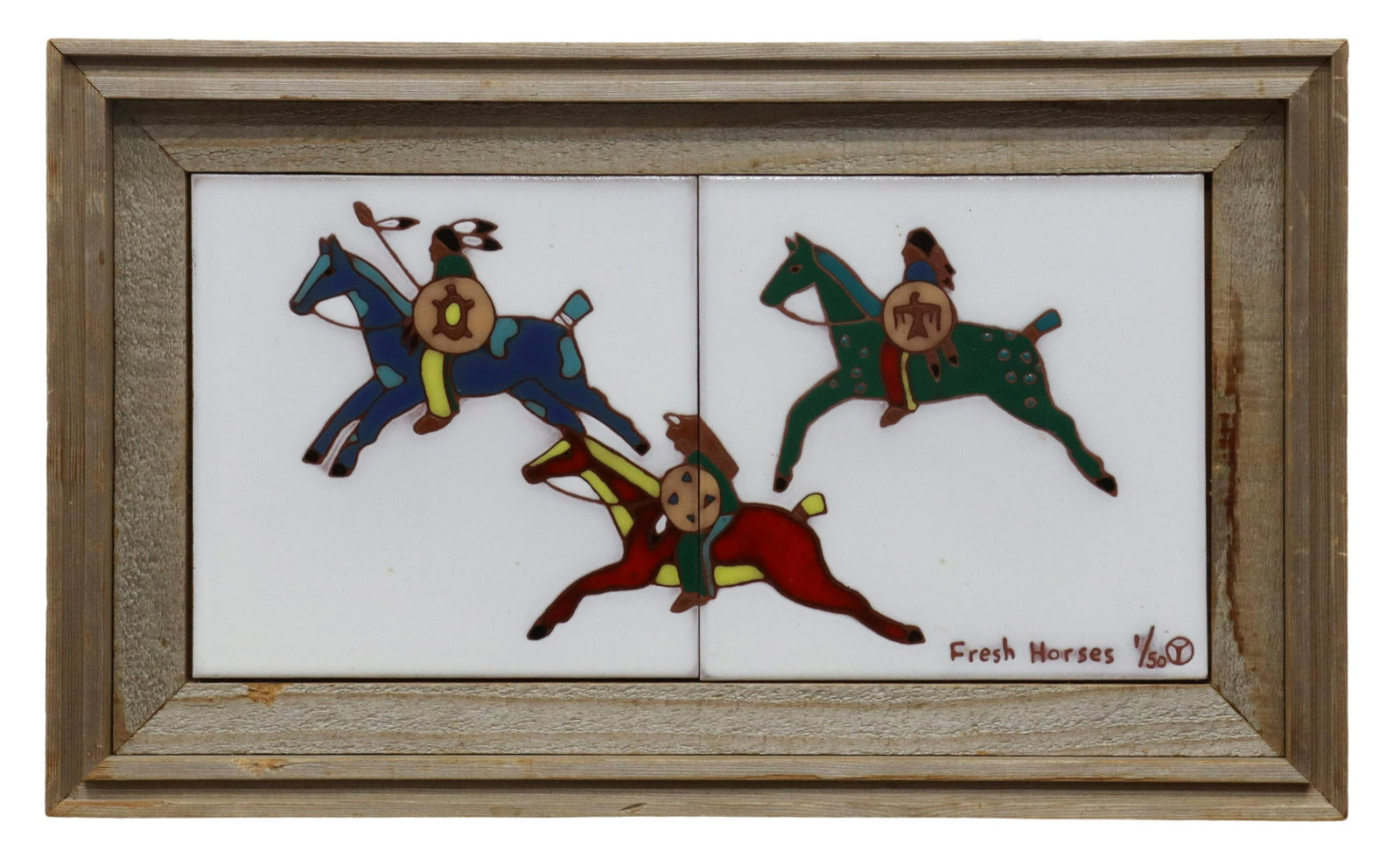 SIGNED NATIVE AMERICAN TILE ART, 'FRESH HORSES': Framed Native American tile art, "Fresh Horses," monogrammed T within circle, illegibly signed verso "Th...." (?), titled, dated 1996, numbered 1/ 50 at verso frame, sight: approx 5 7/8"h, 11.75"w, ov