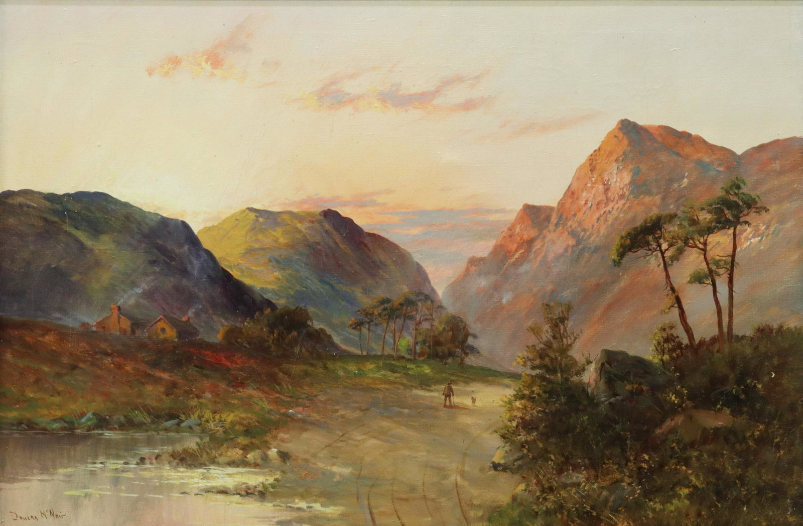 DUNCAN McNAIR HIGHLAND MOUNTAIN LANDSCAPE: Framed oil on canvas painting, Highland Mountain Landscape, signed lower left Duncan McNair (United Kingdom, late 19th/ early 20th c.), sight: 19.5"h, 29.5"w, overall: 25.5"h, 35.5"w, 4.75lbs Start Pr