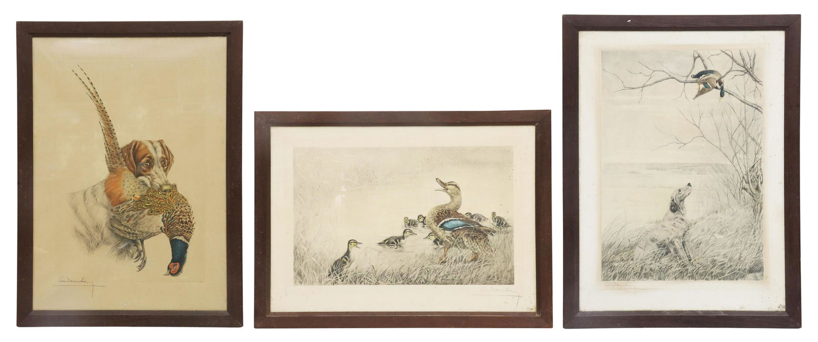 (3) LEON DANCHIN (1887-1938) HUNTING ETCHINGS: (lot of 3) Framed etchings on paper, signed Leon Danchin (French, 1887-1938), including: (1) mother duck and ducklings, (1) English Setter with mallard duck, (1) Brittany Spaniel with pheasant, larges