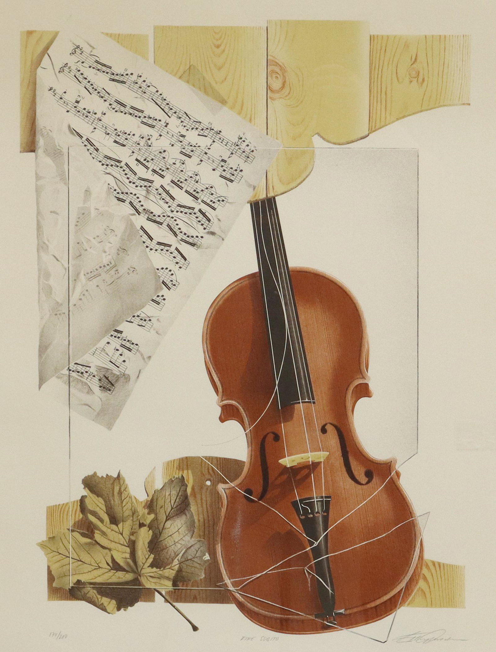 ERLING GUSTAFSSON VIOLIN SHEET MUSIC LITHOGRAPH: Framed lithograph on paper, "Fine Subito," signed lower right Erling Gustafsson (Swedish, 20th c.), numbered 174/ 200, sight: 35"h, 23.5"w, overall: 36.5"h, 25"w, 7.25lbs Start Price: $100.00