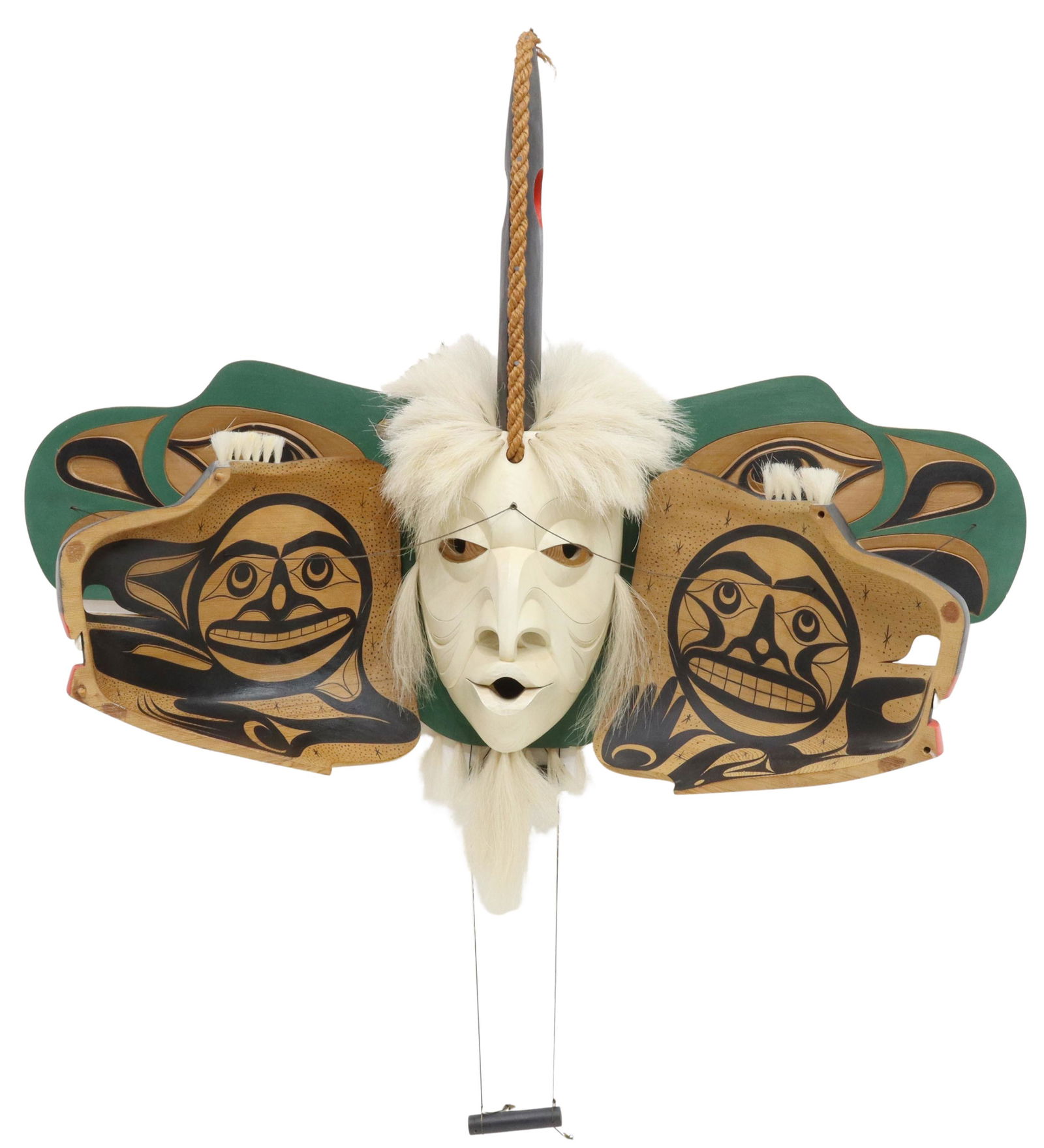 ART THOMPSON (B.1948) DITIDAHT TRANSFORMATION MASK: Native American Transformation Mask, "Pook-Ubs Rescue", signed verso Tsa-qwa-supp (traditional name of Art Thompson, Ditidaht People, Nuu-Chah-Nulth People, village of Whyac, British Columbia, Canada,